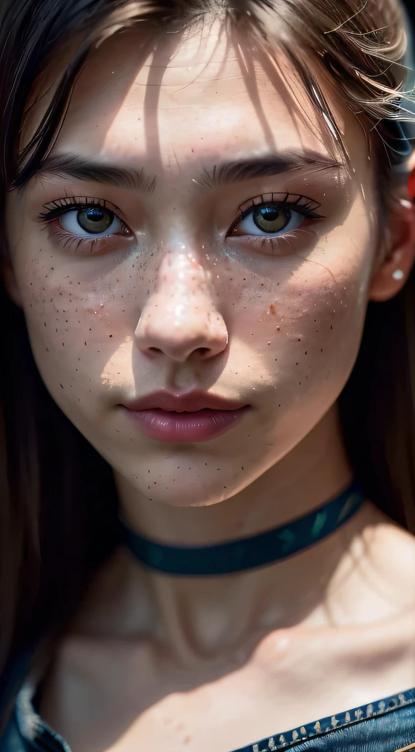 Raw photography、25-year-old girl、Blue Sports Bra、Denim Short Jeans、(1girl in)、(realisitic)、(Photorealsitic:1.5)、Lipstick Freckles、Multicolor Hair、a choker、(Raw photography、8K UHD、film grains)、Sharp eyeliner、Her thick eyelashes and cheek eyeshadow are very delicate and beautiful....、8K、(Soft lighting)、hightquality、hight resolution、foco nítido、ighly detailed、during the day、(sunlight on face)、美しく詳細な目ighly detailedな目と顔、​masterpiece、(lighting like a movie)、(high-detail skin:1.2)、8K UHD、Digital SLR、Soft lighting、hightquality、film grains、​masterpiece, 最hightquality, hightquality, hight resolution、Blue-Red-Green-Yellow backlight、((facial close-up))