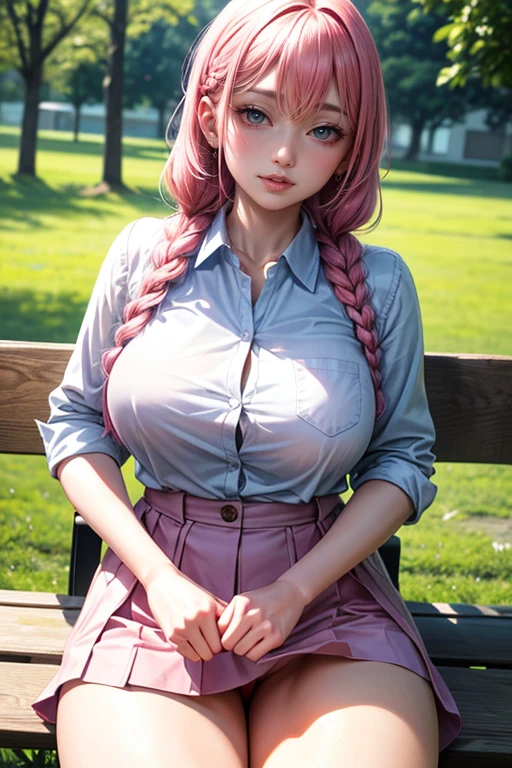 (best quality,4k,8k,highres,masterpiece:1.2),pink hair,short braided hair,beautiful big breasts,girl's eyes are beautifully detailed and expressive,girl's lips are beautifully detailed,ultra-detailed,realistic,wearing school uniforms,playfully enjoying the moment,colorful and vibrant,soft natural lighting。Shirt Unbuttoning。sit on a bench。Crotch opening。Holding legs。I can see pink panties。