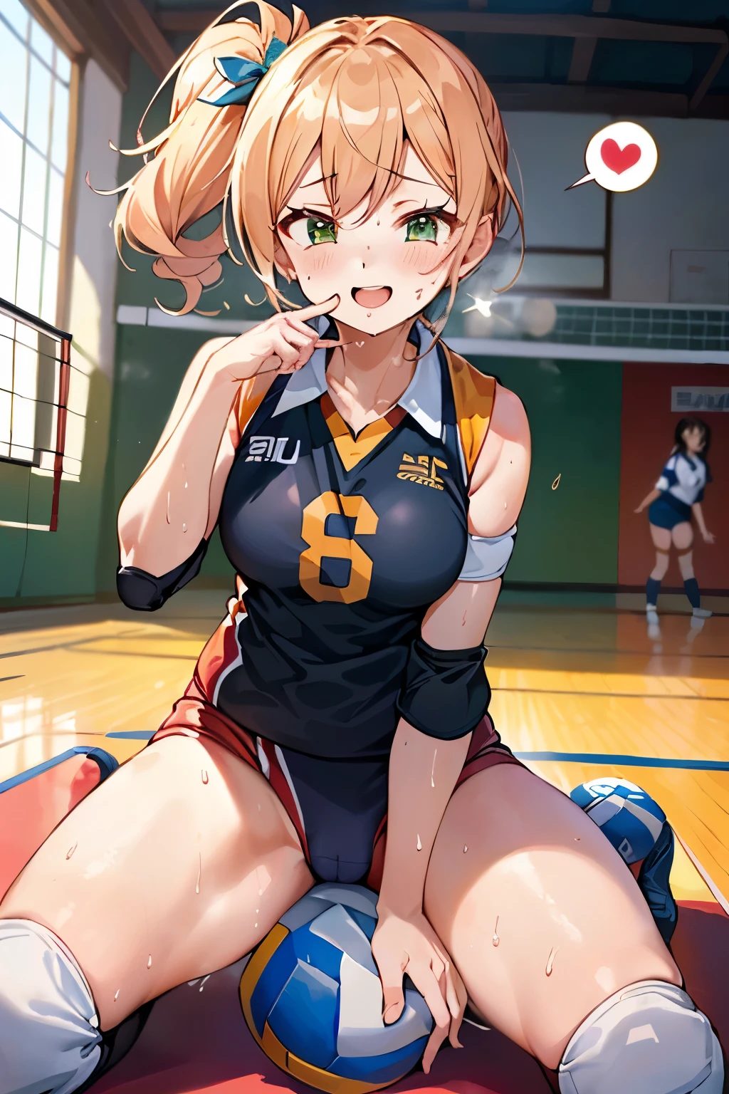 unity 8k wallpaper, anatomically correct, (((masterpiece))), (((best quality))), (((ultra detailed))), (((high-resolution))), ((super fine illustration)), ((Ultimate cutie)), ((perfect hands)), ((perfect finger)), (((good anatomy))), detailed beautiful face, shiny hair, (((gyaru))), (potbelly), (curvy), medium , ((Thick thighs)), (((solo))), ((seductive smile)), (((blush))), (half open mouth), 
BREAK, (((sit astride the perfectly spherical shape 6-inch volleyball))), (((Straddling a perfectly spherical 6" volleyball))), (((Perfectly spherical 6" volleyball fits perfectly crotch))), BREAK, (((Rub the  Perfectly spherical 6" volleyball against crotch))), 
BREAK, (Collared volleyball uniforms), sleeveless, ((buruma)), ((kneepad)), (elbow pad), (((sweat))), (((covered in sweat))), ((deep breathing)), in Volleyball Court, indoor, lighting,  looking at viewer, full body, (spoken heart)