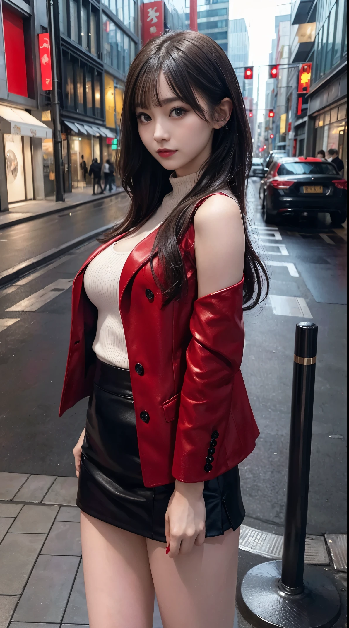 highres,masterpiece,best quality,extremely detailed,nsfw,1girl,city, street,arms behind back,sexy short black skirt, sexy red coat, slender body, full body shot, beautiful Japanese gravure idol, big breasts