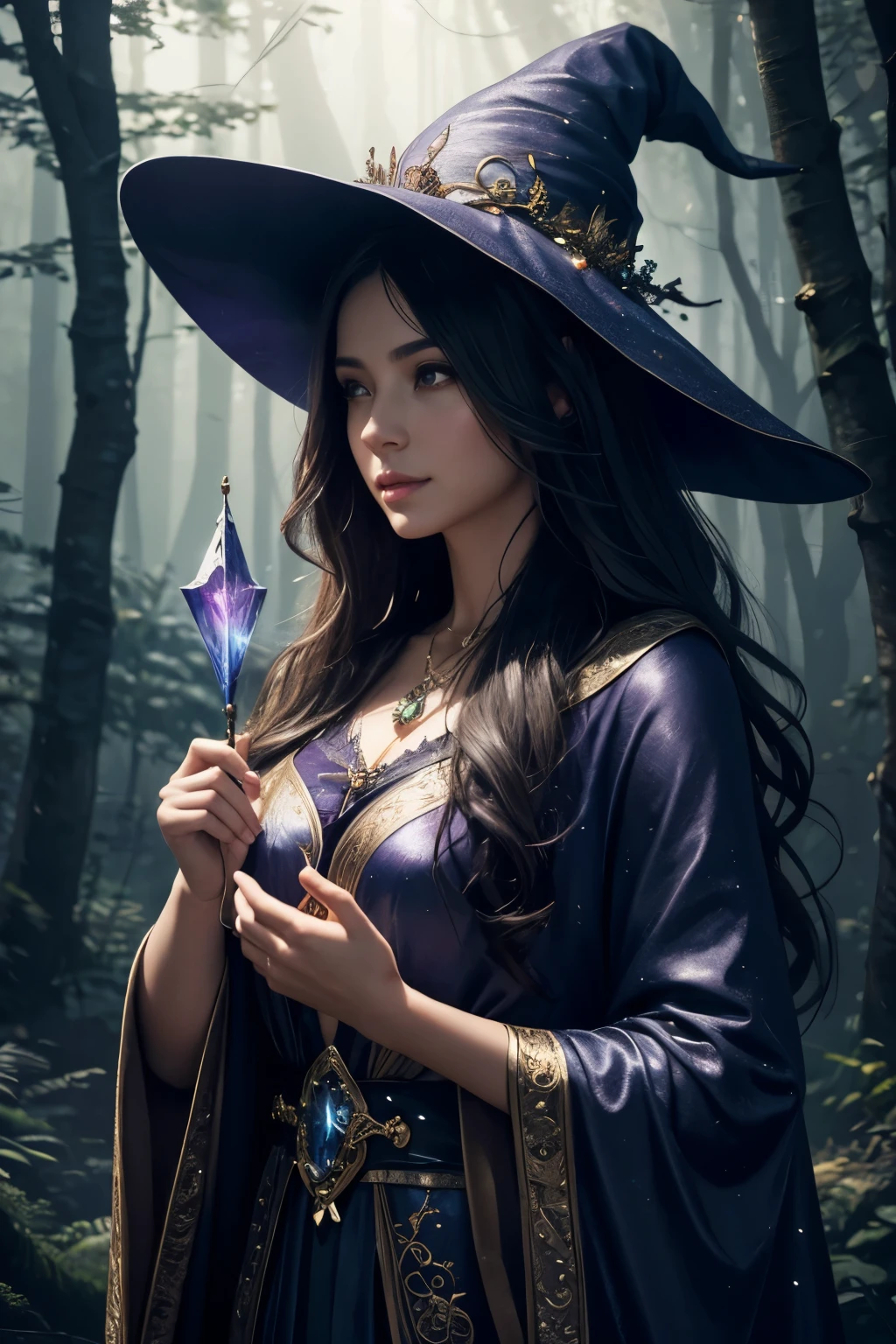 best quality,highres,(realistic:1.37),digital painting,sorceress,beautiful detailed eyes,beautiful detailed lips,long hair flowing in the wind,enchanted forest background,mysterious atmosphere,vibrant colors,dark and mystical lighting,magic spells,sparkling magic crystals,ornate robe,witch hat,magical staff,glowing runes,holographic effects,sorceress in the moonlight,ethereal beauty,spellbinding pose,2 magical creatures,fantasy art,concept artists,+4k,bokeh