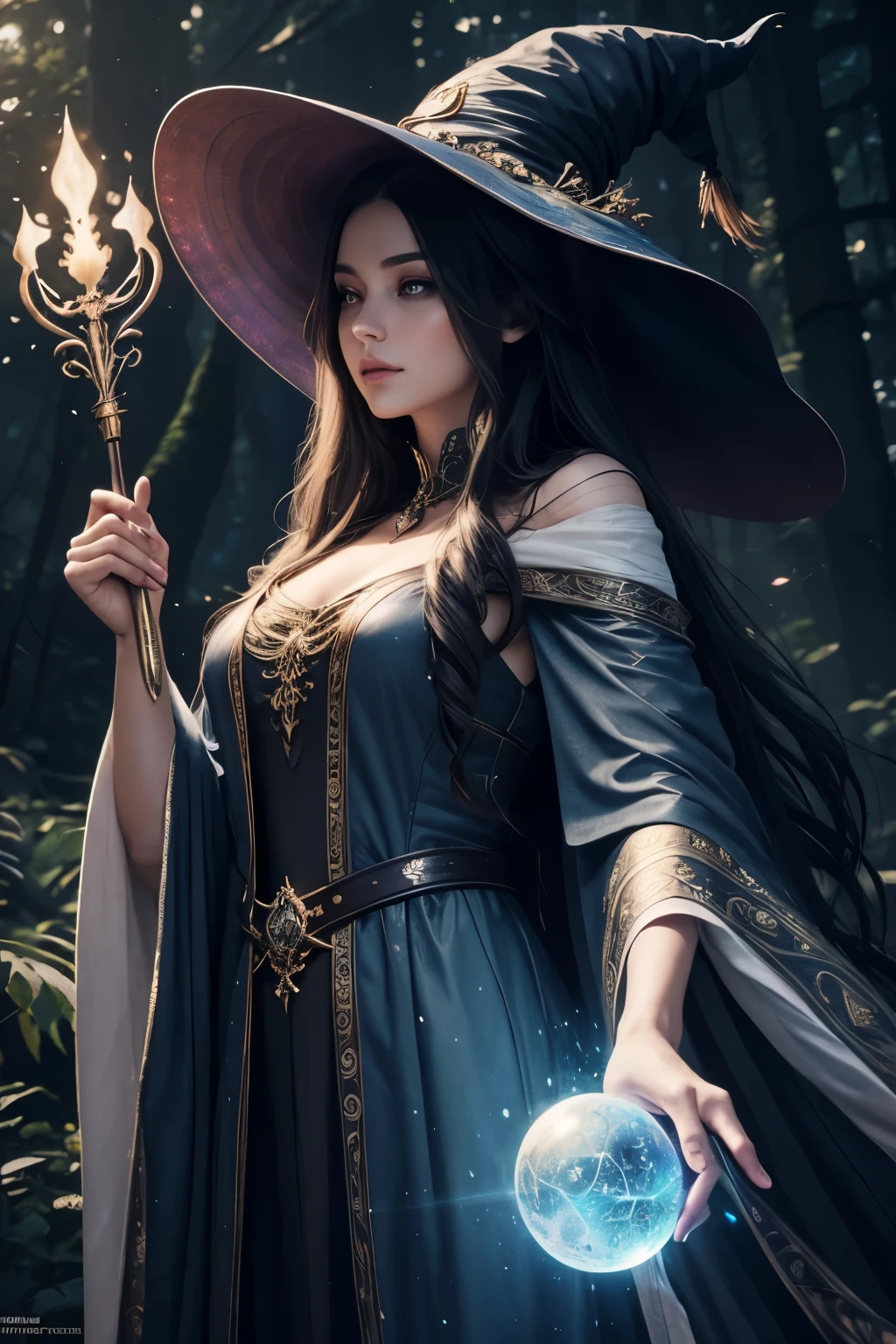 best quality,highres,(realistic:1.37),digital painting,sorceress,beautiful detailed eyes,beautiful detailed lips,long hair flowing in the wind,enchanted forest background,mysterious atmosphere,vibrant colors,dark and mystical lighting,magic spells,sparkling magic crystals,ornate robe,witch hat,magical staff,glowing runes,holographic effects,sorceress in the moonlight,ethereal beauty,spellbinding pose,2 magical creatures,fantasy art,concept artists,+4k,bokeh