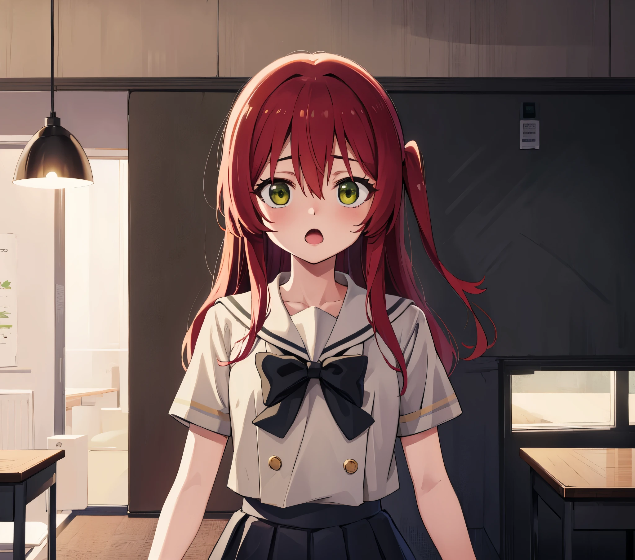 kitaikuyo, ikuyo kita, (green eyes:1.5), hair between eyes, long hair, one side up, red hair, (flat chest:1.2), BREAK black footwear, black skirt, grey sailor collar, pleated skirt, sailor collar, school uniform, shoes, short sleeves, shuka high school uniform, skirt,, BREAK looking at viewer, BREAK indoors, classroom, BREAK (masterpiece:1.2), best quality, high resolution, unity 8k wallpaper, (illustration:0.8), (beautiful detailed eyes:1.6), extremely detailed face, perfect lighting, extremely detailed CG, (perfect hands, perfect anatomy),up chest.Sad face.open mouth.big breasts.(((eyes highlight off))).