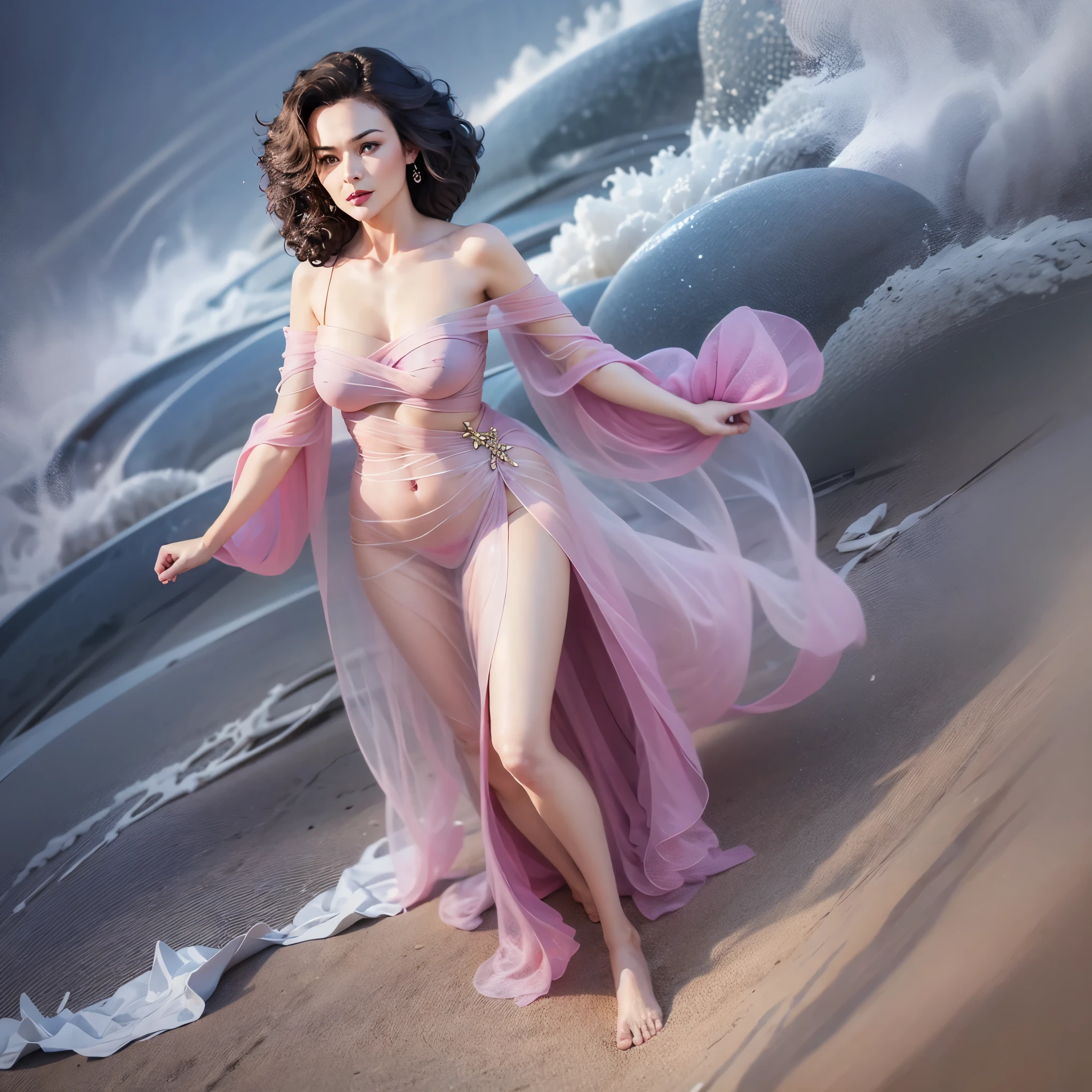 wallpaper of Elçin Sangu in a party dress, which defines her feminine features very well as she walks barefoot on a deserted beach one summer night in the moonlight. 8k, realistic, hyper-detailed, meticulous, luminous and colorful contrasts, harmony in every sense. --auto --s2
