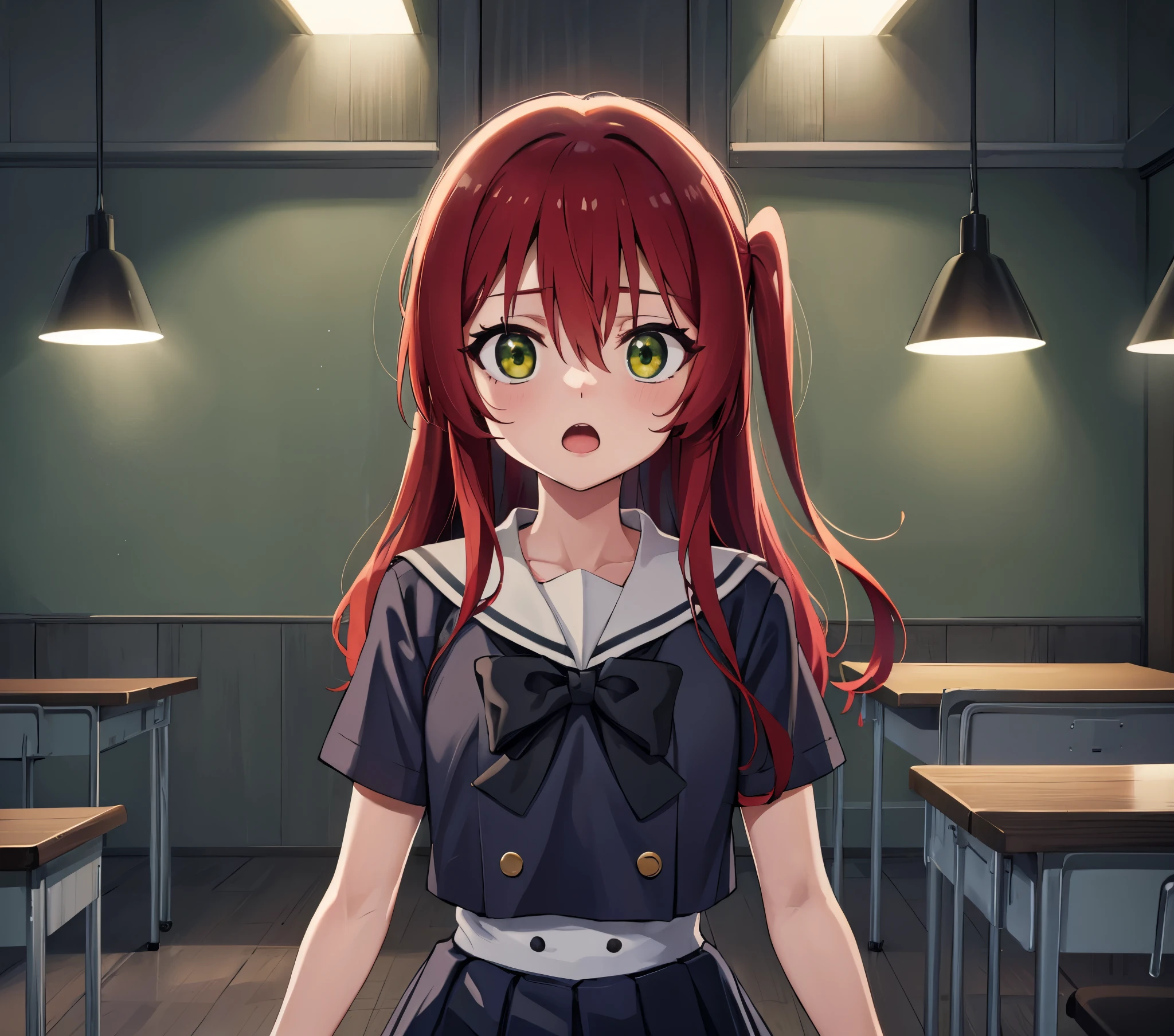 kitaikuyo, ikuyo kita, (green eyes:1.5), hair between eyes, long hair, one side up, red hair, (flat chest:1.2), BREAK black footwear, black skirt, grey sailor collar, pleated skirt, sailor collar, school uniform, shoes, short sleeves, shuka high school uniform, skirt,, BREAK looking at viewer, BREAK indoors, classroom, BREAK (masterpiece:1.2), best quality, high resolution, unity 8k wallpaper, (illustration:0.8), (beautiful detailed eyes:1.6), extremely detailed face, perfect lighting, extremely detailed CG, (perfect hands, perfect anatomy),up chest.Sad face.open mouth.big breasts.(((eyes highlight off))).