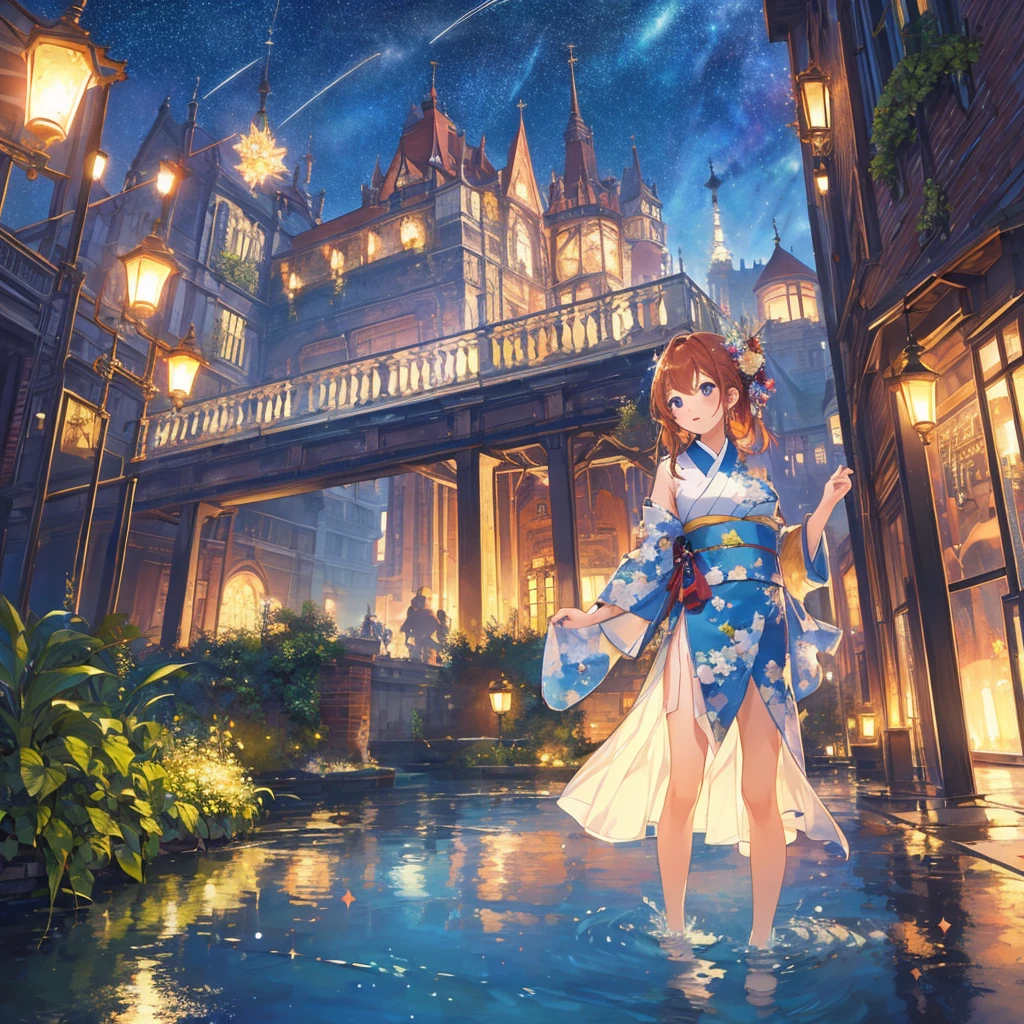 (((Masterpiece、Top image quality))), (((Top image quality))), (((Ultra-fine))), (a very delicate and beautiful)), sparkling girl, Cinematic light, (((Water collects in old buildings、reflect the starry sky))), milkyway, (rusty signboard)), ruins, dripping ivy, 夏天, a moon, Nice kimono、