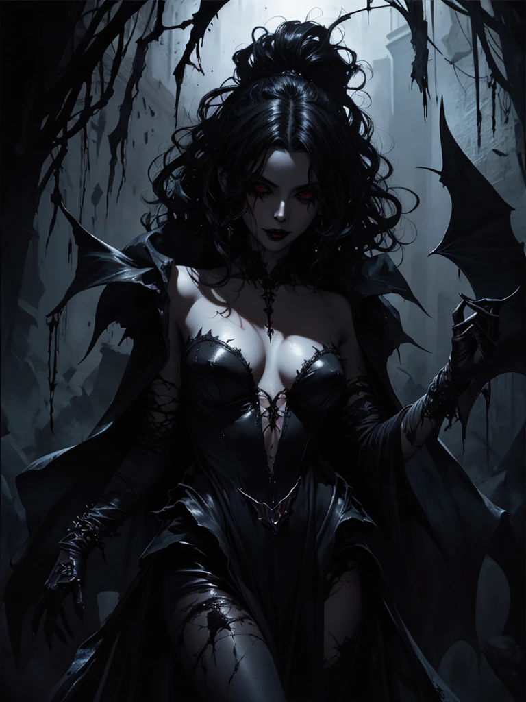 beautiful dark woman, full body portrait, surrealistic, noir, bloody, dark hair, vampire style, dark mood, royo, splash art