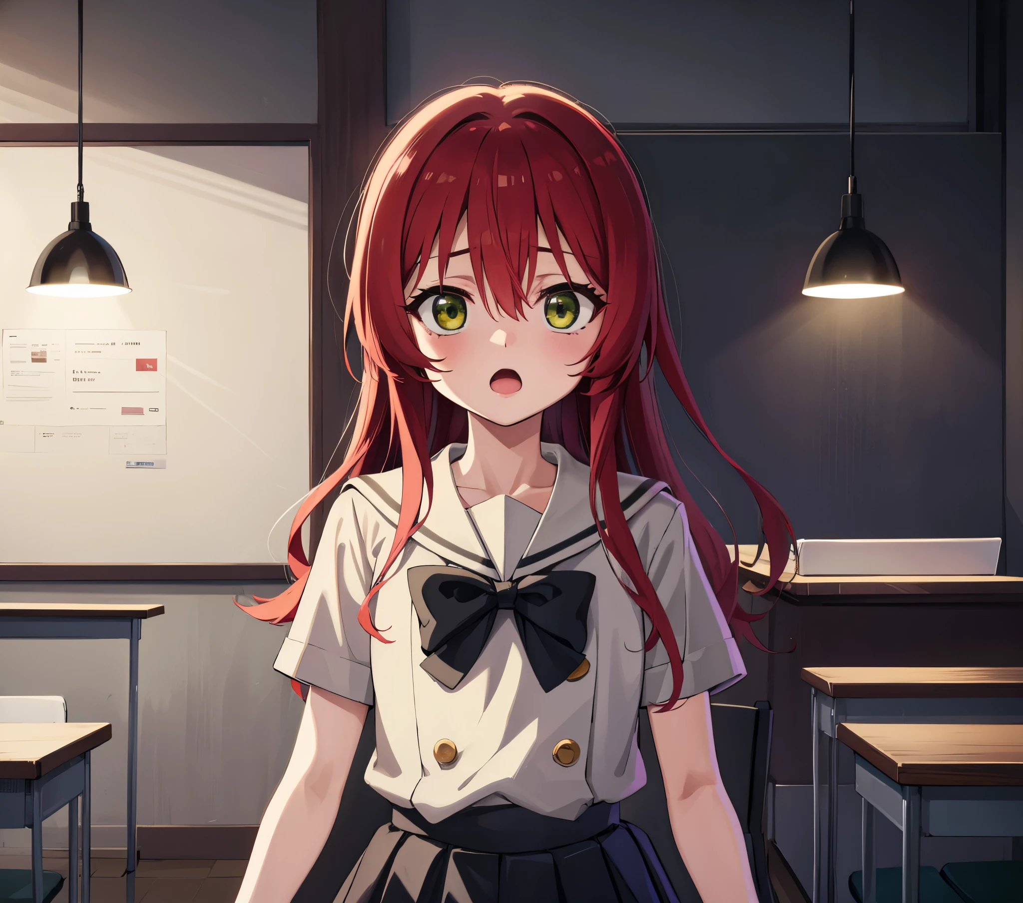 kitaikuyo, ikuyo kita, (green eyes:1.5), hair between eyes, long hair, one side up, red hair, (flat chest:1.2), BREAK black footwear, black skirt, grey sailor collar, pleated skirt, sailor collar, school uniform, shoes, short sleeves, shuka high school uniform, skirt,, BREAK looking at viewer, BREAK indoors, classroom, BREAK (masterpiece:1.2), best quality, high resolution, unity 8k wallpaper, (illustration:0.8), (beautiful detailed eyes:1.6), extremely detailed face, perfect lighting, extremely detailed CG, (perfect hands, perfect anatomy),up chest.Sad face.open mouth.big breasts.(((eyes highlight off))).