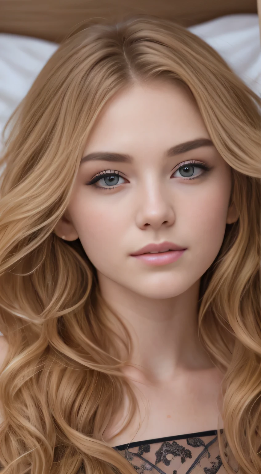 Photo of a 20-year-old European woman, .primitive, Beautiful woman, (extra long wavy blonde hair), ((sportrait)), ((Detal Face:1.2)), ((Detailed facial featureine fine skin), Pale skin, , Wrapped in sheets, room environment, Lie down in bed, (cool colours), soggy, soggy, Reflectors, (masutepiece) (perfectly proportions)(photograph of-realistic)(Best quality) (A detailed) Shot on a Canon EOS R5, Spring 50mm, f/2.8, NFFSW, (8K) (Wallpapers) (Cinematic lighting) (Dramatic lighting) (foco nítido) (复杂) Moda, from the above