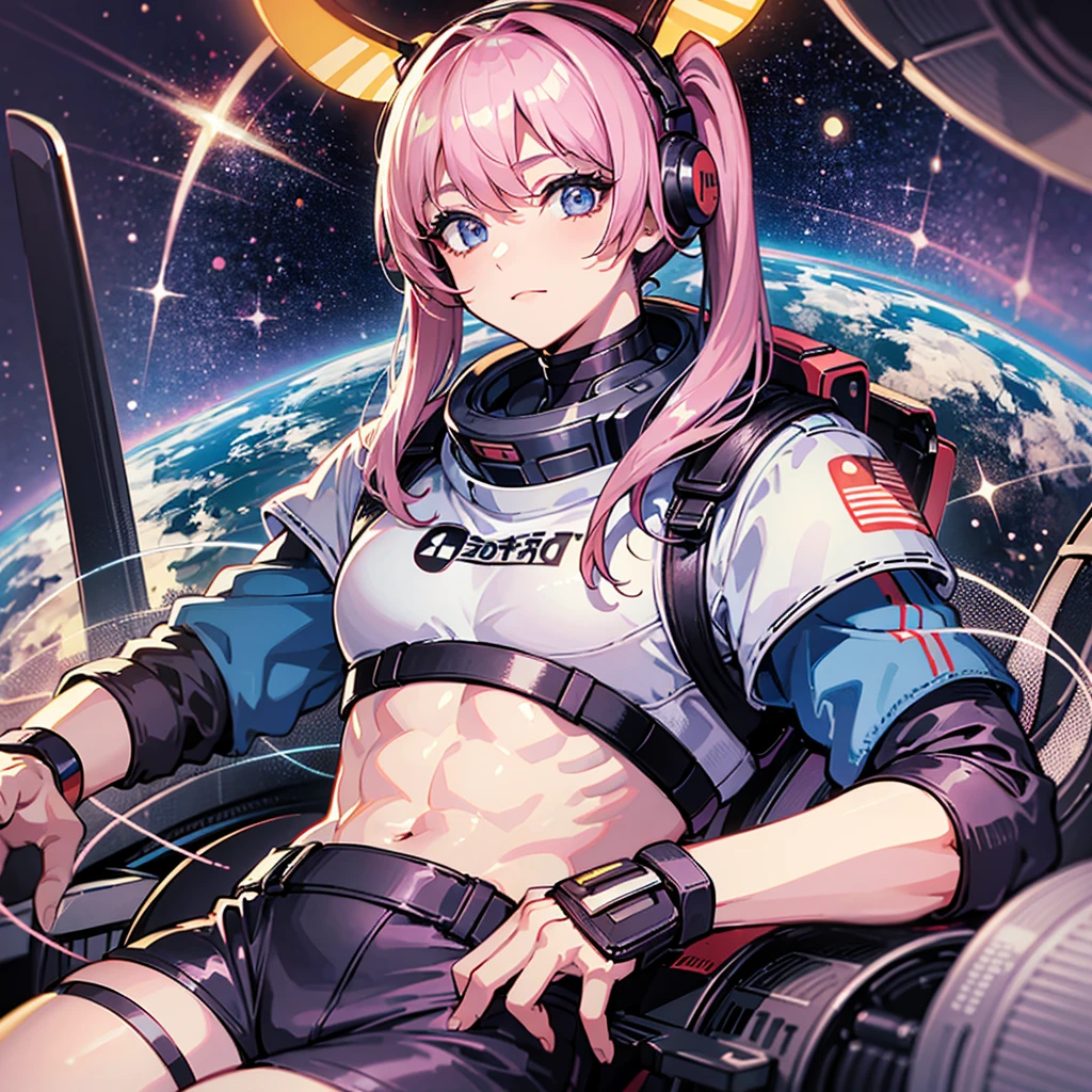 （（（​masterpiece、Top image quality、top-quality、highly detailed unity 8ｋwall-paper）））、（（Illustration of one adult））、（（25-years old））、（pilot）、（（（Beautiful girl with a beautiful face、The body is a man）））、（（（Twintails with pink hair）））、Light gray eyes、（（Tall））、（（Muscular strong man's body））、（（Muscular strong man's body、solid chest、muscular chest plate、abdominals、muscular and thick arms、muscular and thick legs））、（（（白いpilotスーツ）））、（（manspreading、Sitting in the cockpit））、（（space fighter cockpit、The Universe on the Monitor、Earth seen from space））