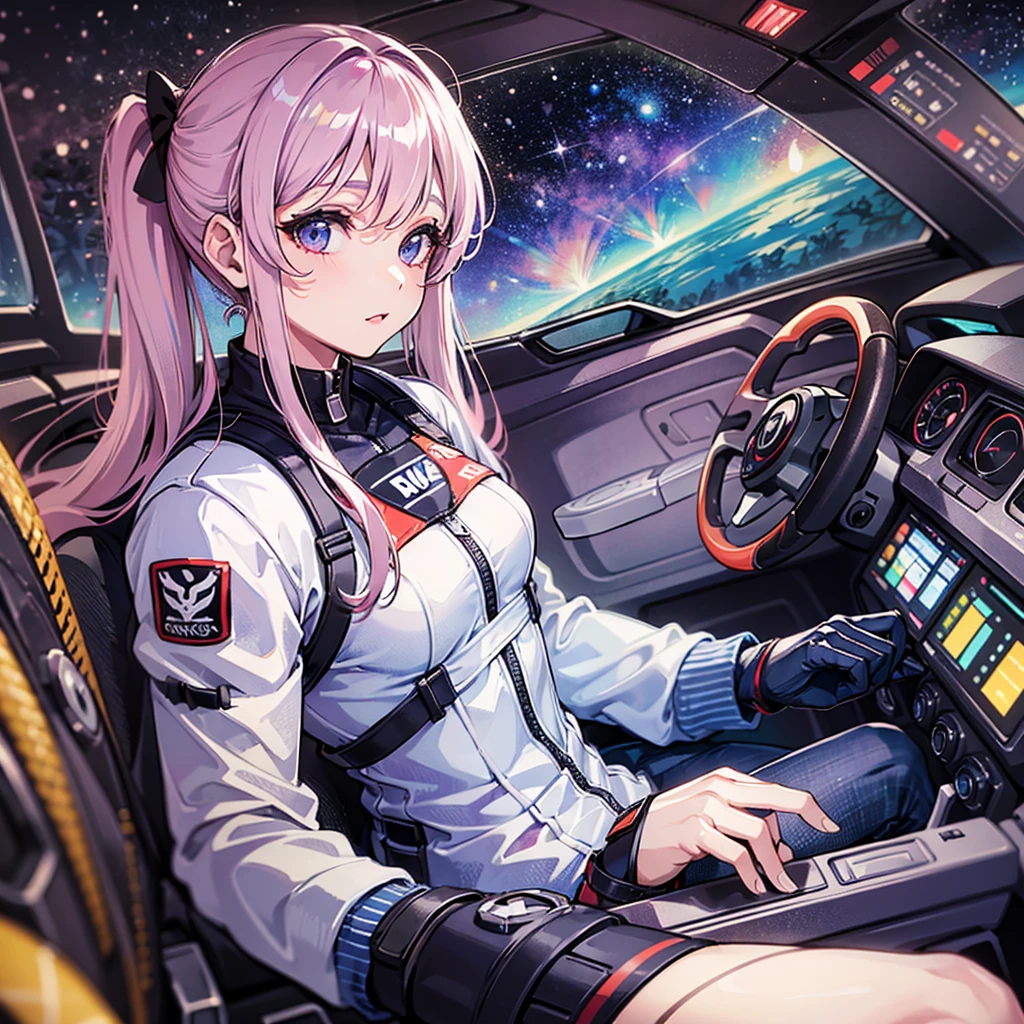 (((masterpiece、Top image quality、top-quality、highly detailed unity 8kwall-paper)))、((Illustration of one adult))、((25-years old))、(pilot)、(((Beautiful girl with a beautiful face、The body is a man)))、(((Twintails with pink hair)))、Light gray eyes、((Tall))、((Muscular strong man's body))、((Muscular strong man's body、solid chest、muscular chest plate、abdominals、muscular and thick arms、muscular and thick legs))、(((白いpilotスーツ)))、((manspreading、Sitting in the cockpit))、((space fighter cockpit、The Universe on the Monitor、Earth seen from space))