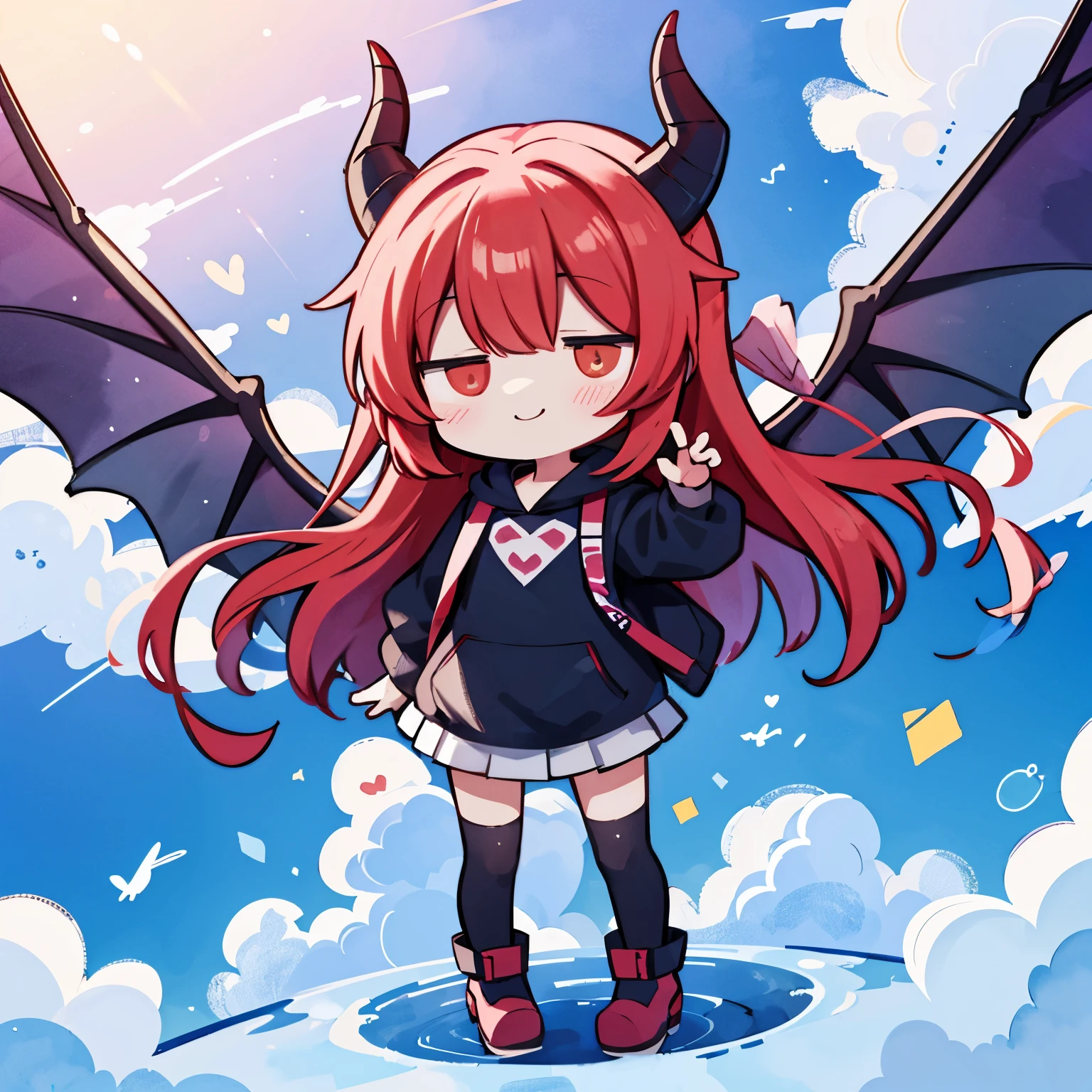 (Chibi:1.2), full bodyesbian、Kigurumi,succubus、succubusの着ぐるみ、a smile、Devil's Wings、Horns、watercolor paiting, Standing, Sunlight, (work:1.2)、heart、teak、Jumping off the roof of a skyscraper、