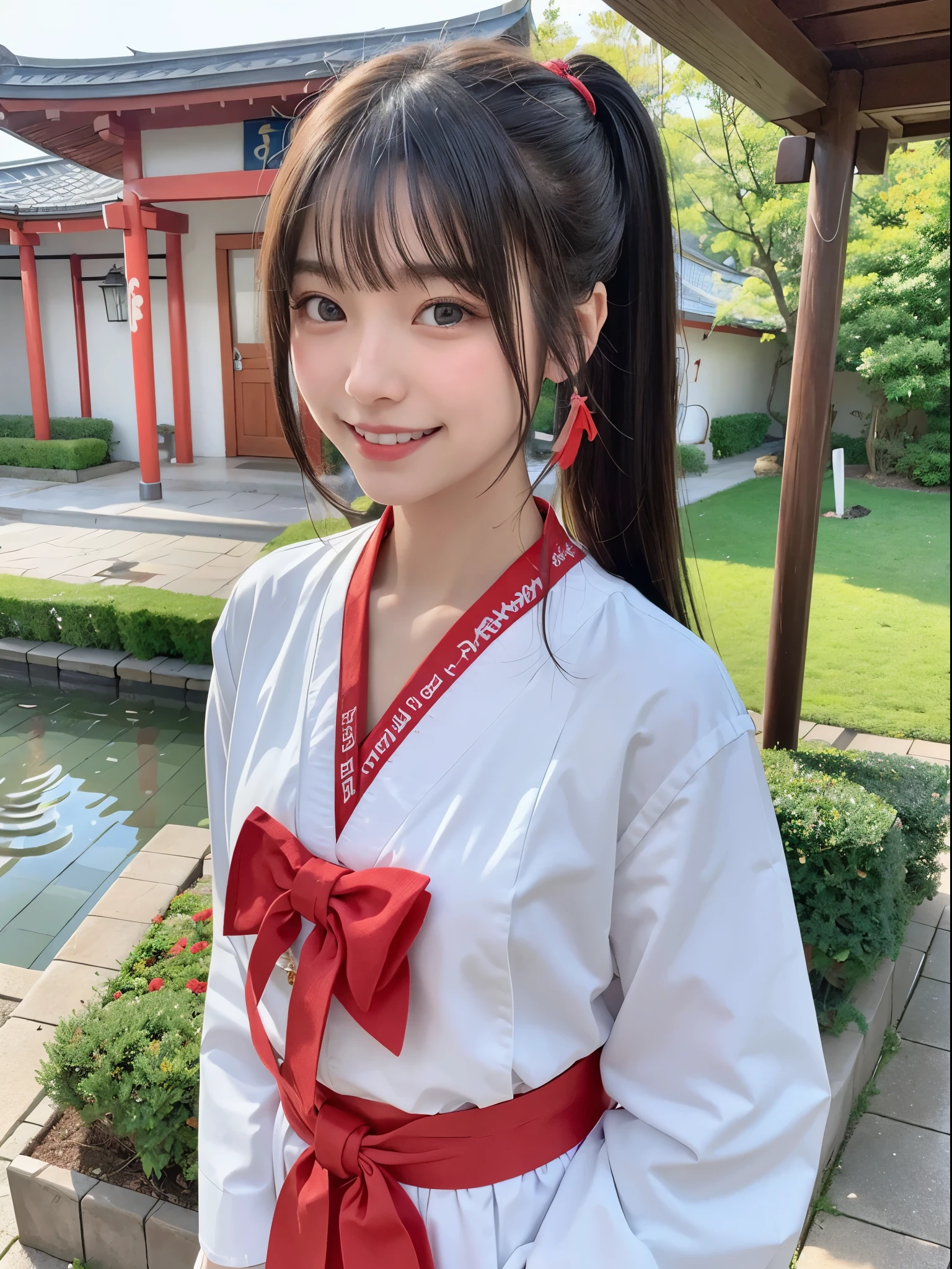 top-quality、8K、超A high resolution、super detailed face and eyes、Highly detailed facial and skin texture、glistning skin、shinny skin、masuter piece:1.3、1girl in、Beautiful woman with slim abs accent、Super Detail Face、Delicat eyes、二重まぶた、full-shot、poneyTail、短めponeyTail、20yr old、Brown hair、A smile、Smile with your teeth out、shrine maiden、shrine maiden服、shrines、Manteau blanc、red hakama
