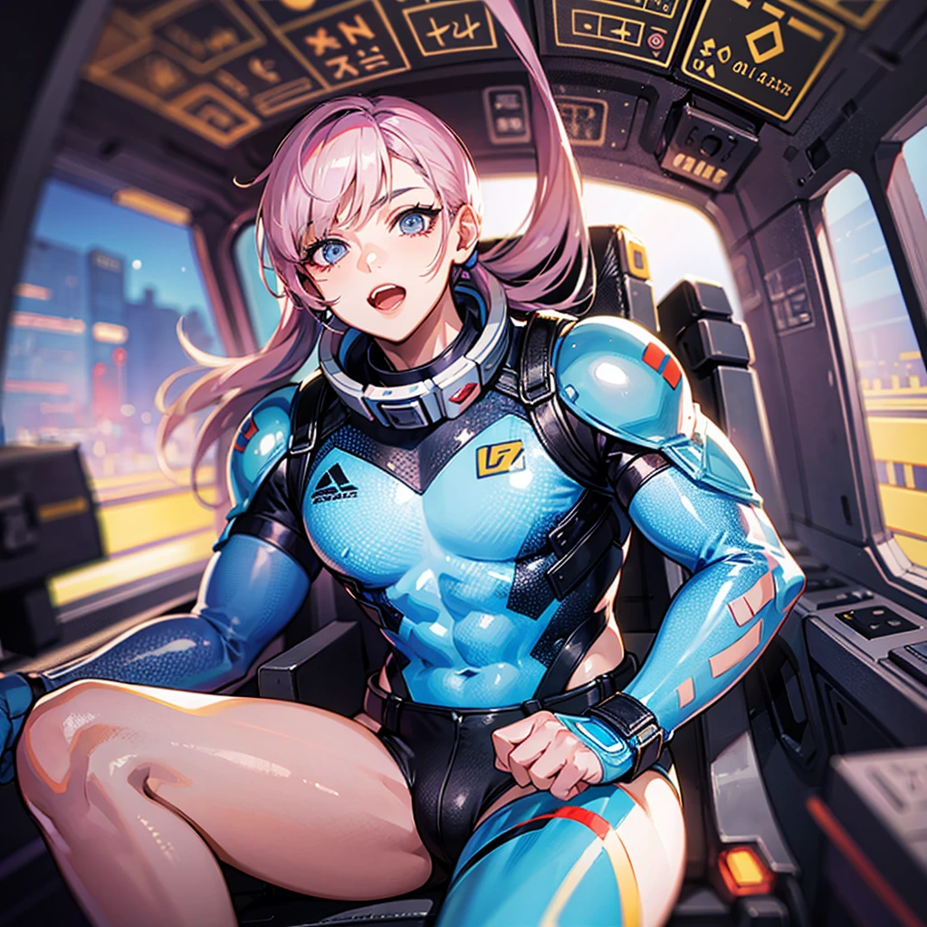 (((masterpiece、Top image quality、top-quality、highly detailed unity 8kwall-paper)))、((Illustration of one adult))、((25-years old))、(pilot)、(((Beautiful girl with a beautiful face、The body is a man)))、(((Twintails with pink hair)))、Light gray eyes、((Tall))、((Muscular strong man's body))、((Muscular strong man's body、solid chest、muscular chest plate、abdominals、muscular and thick arms、muscular and thick legs))、(((白いpilotスーツ)))、((manspreading、Sitting in the cockpit))、((space fighter cockpit、The Universe on the Monitor、Earth seen from space))