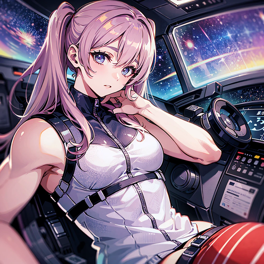 (((masterpiece、Top image quality、top-quality、highly detailed unity 8kwall-paper)))、((Illustration of one adult))、((25-years old))、(pilot)、(((Beautiful girl with a beautiful face、The body is a man)))、(((Twintails with pink hair)))、Light gray eyes、((Tall))、((Muscular strong man's body))、((Muscular strong man's body、solid chest、muscular chest plate、abdominals、muscular and thick arms、muscular and thick legs))、(((白いpilotスーツ)))、((manspreading、Sitting in the cockpit))、((space fighter cockpit、The Universe on the Monitor、Earth seen from space))