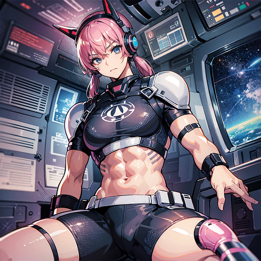 (((masterpiece、Highest image quality、highest quality、highly detailed unity 8kwallpaper)))、((Illustration of one adult))、((25 years old))、(pilot)、(((Beautiful girl with a beautiful face、The body is a man)))、(((Twintails with pink hair)))、Light gray eyes、((tall))、((Muscular strong man's body))、((Muscular strong man's body、solid chest、muscular chest plate、abs、muscular and thick arms、muscular and thick legs))、(((白いpilotスーツ)))、((manspreading、Sitting in the cockpit))、((space fighter cockpit、The Universe on the Monitor、Earth seen from space))