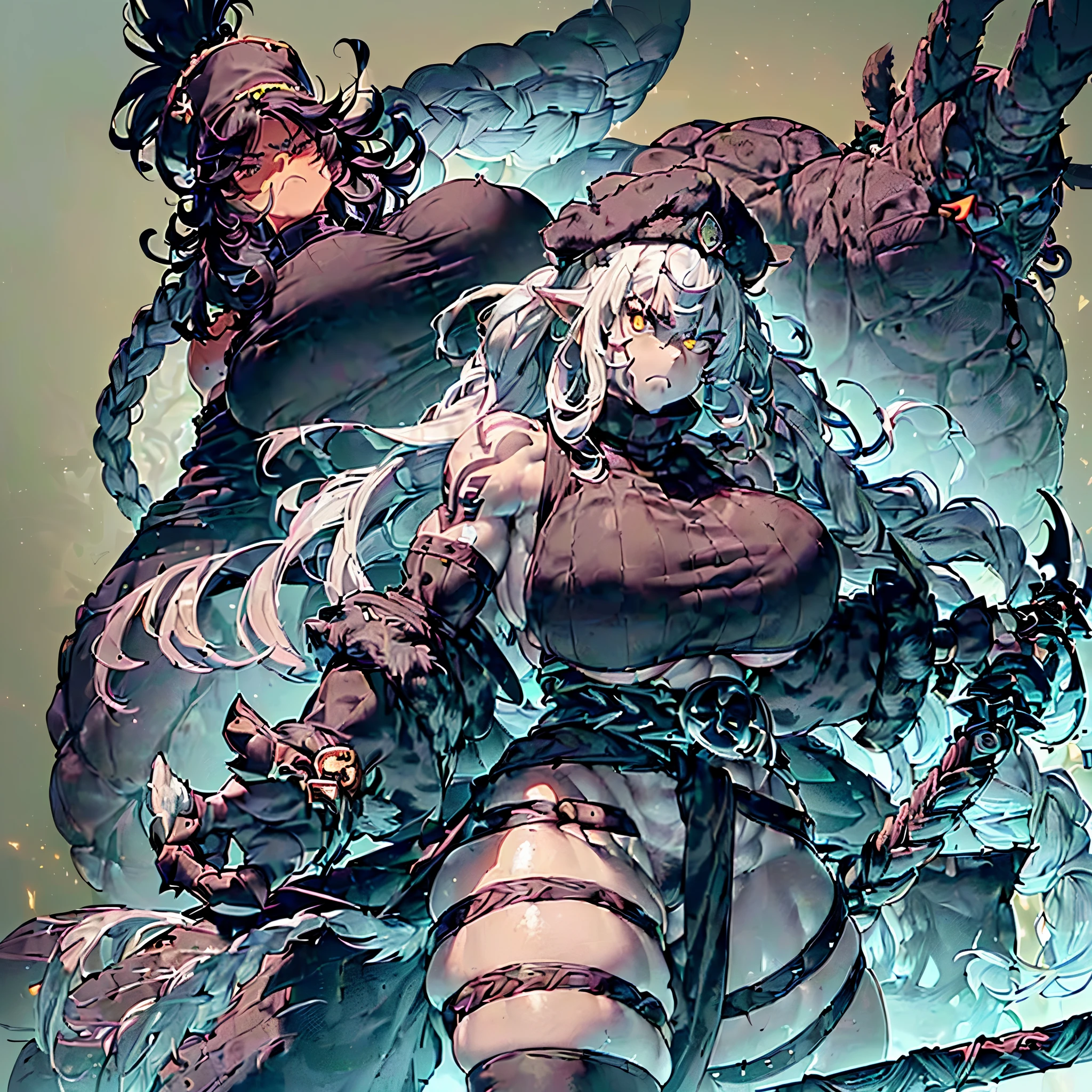 (Very angry girl with dark grey skin and tribal tatto), ((1girl)), white hair, crazy messy curly long hair, (white eyeusculars), (thick thighs), solo, very angry, ((dark grey skin)), (10 pack abs), long leg muscular thighs, (strong jawline), ((((big huge saggy long tittieig muscular wide broad shoulders), wide hips huge, wide waste, (( very big muscular veiny arm)), big trapeziusfur coat, black crop top turtle neck sweater with no arm sleeves, fur cloak, ( military cap), (tribal loincloth dress), Golden barbarian belt, (holding weapon in the right), tribal garb clothing, thicc milf, muscular,