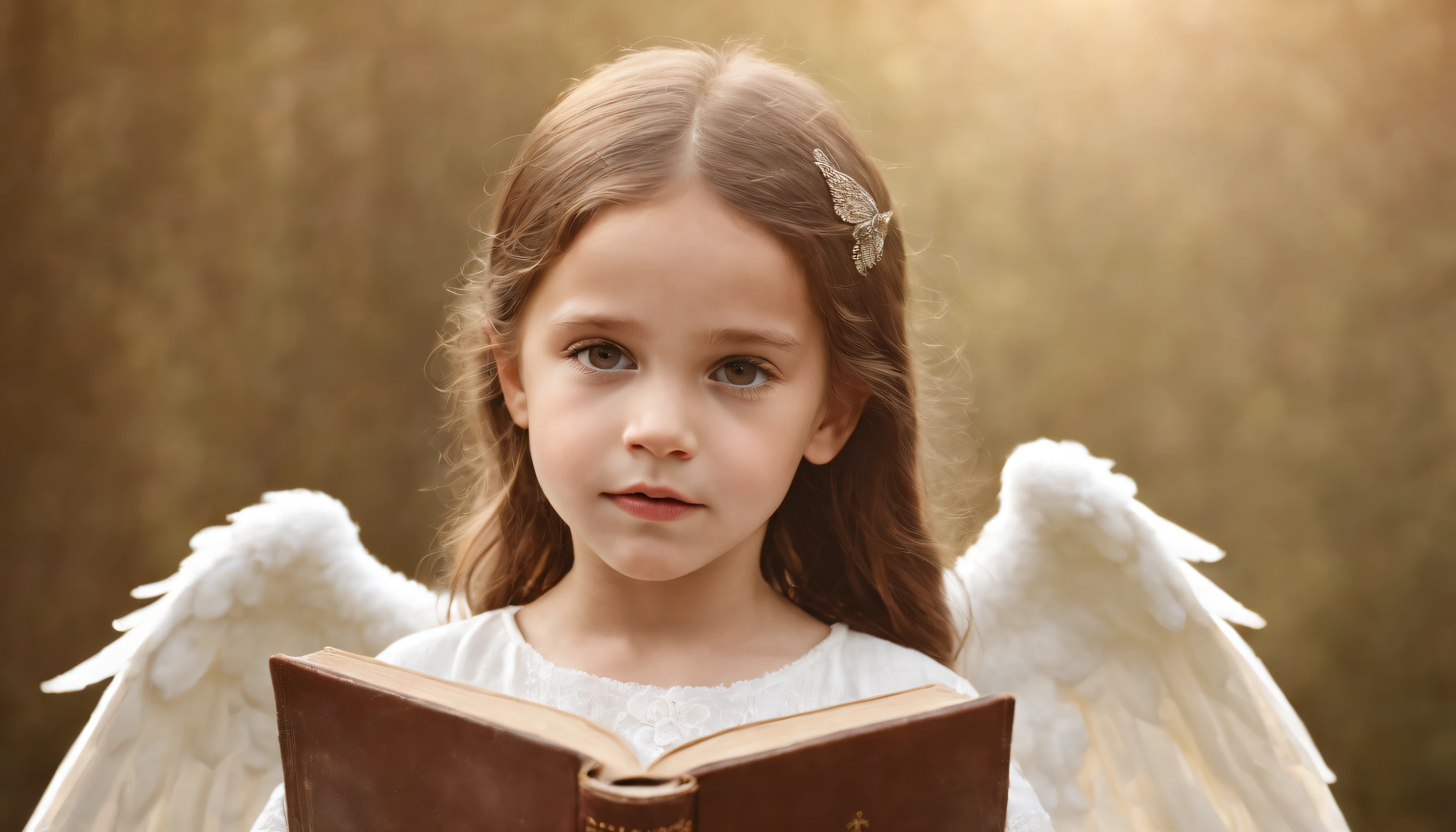 fotoRealista、Drawing of a girl with a bible and angel wings, linda anjo、fechar um olho、quarto .
