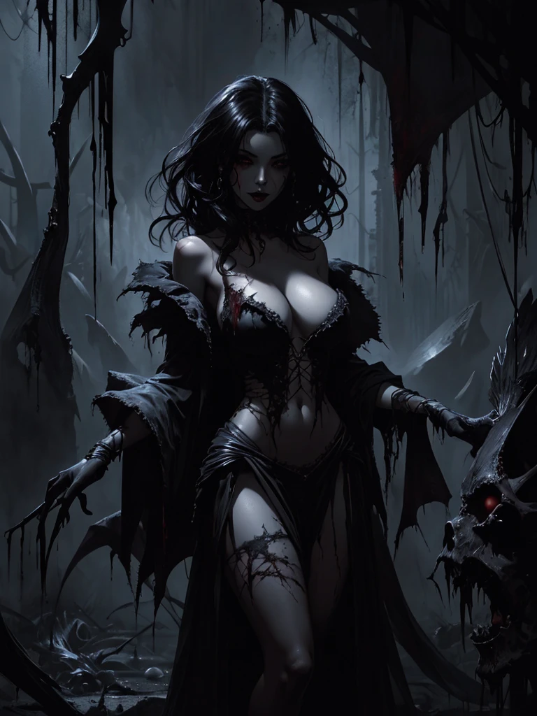 beautiful dark woman, full body portrait, big breasts, surrealistic, noir, bloody, dark hair, vampire style, dark mood, royo, splash art