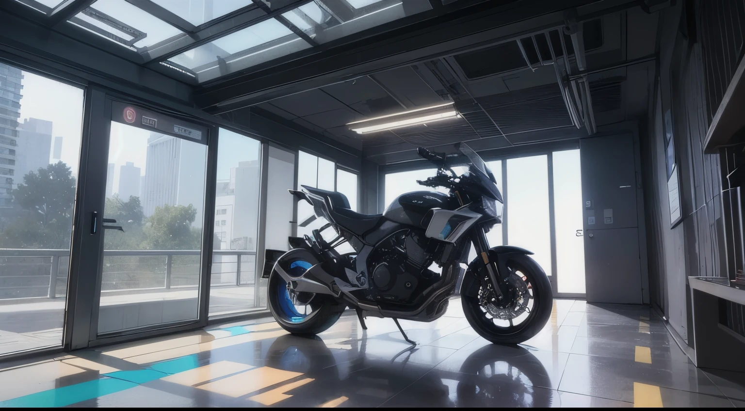 prompt:a visually stunning design that captures the futuristic elegance of the Balenciaga Motorrad's Aerodisc-Hyperdrive electronic suspension matte camouflage black pixels automation within an ambient dwelling. The design should illustrate the harmonious fusion of technology and convenience, creating an immersive representation of automated living spaces that resonates with Zaha Hadid's imaginative vision. Craft the design in UHD quality to showcase the intricate details
