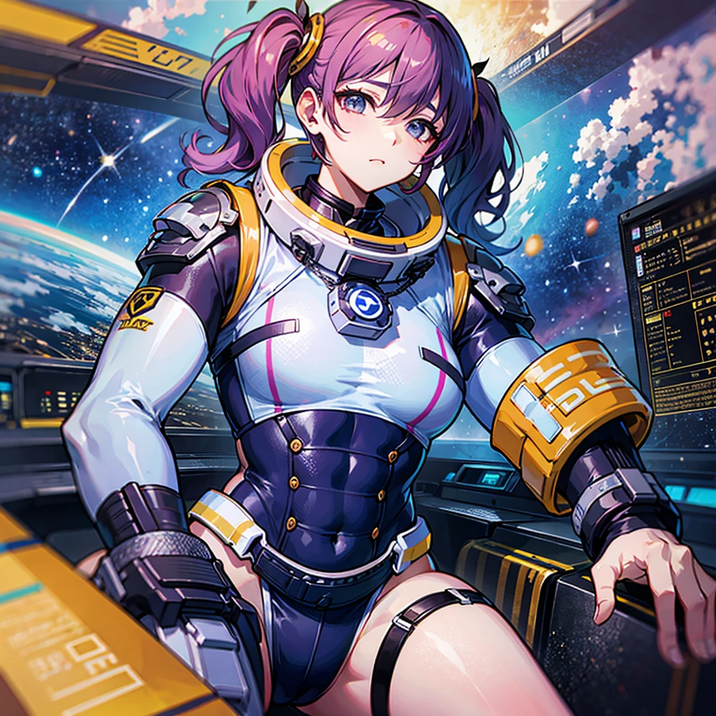 （（（​masterpiece、Top image quality、top-quality、highly detailed unity 8ｋwall-paper）））、（（Illustration of one adult））、（（25-years old））、（pilot）、（（（Beautiful girl with a beautiful face、The body is a man）））、（（（Twintails with pink hair）））、Light gray eyes、（（Tall））、（（Muscular strong man's body））、（（Muscular strong man's body、solid chest、muscular chest plate、abdominals、muscular and thick arms、muscular and thick legs））、（（（白いpilotスーツ）））、（（manspreading、Sitting in the cockpit））、（（space fighter cockpit、The Universe on the Monitor、Earth seen from space））