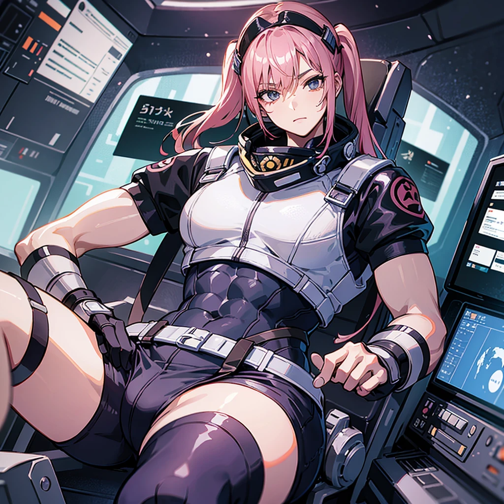 (((masterpiece、Top image quality、top-quality、highly detailed unity 8kwall-paper)))、((Illustration of one adult))、((25-years old))、(pilot)、(((Beautiful girl with a beautiful face、The body is a man)))、(((Twintails with pink hair)))、Light gray eyes、((Tall))、((Muscular strong man's body))、((Muscular strong man's body、solid chest、muscular chest plate、abdominals、muscular and thick arms、muscular and thick legs))、(((白いpilotスーツ)))、((manspreading、Sitting in the cockpit))、((space fighter cockpit、The Universe on the Monitor、Earth seen from space))