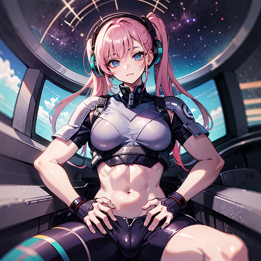 (((masterpiece、Top image quality、top-quality、highly detailed unity 8kwall-paper)))、((Illustration of one adult))、((25-years old))、(pilot)、(((Beautiful girl with a beautiful face、The body is a man)))、(((Twintails with pink hair)))、Light gray eyes、((Tall))、((Muscular strong man's body))、((Muscular strong man's body、solid chest、muscular chest plate、abdominals、muscular and thick arms、muscular and thick legs))、(((白いpilotスーツ)))、((manspreading、Sitting in the cockpit))、((space fighter cockpit、The Universe on the Monitor、Earth seen from space))
