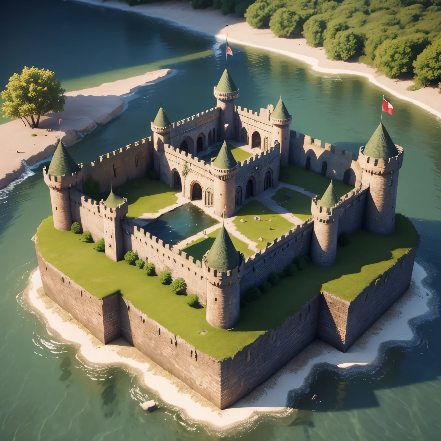 War scene, 3d, a medieval castle with a river around it, isometric