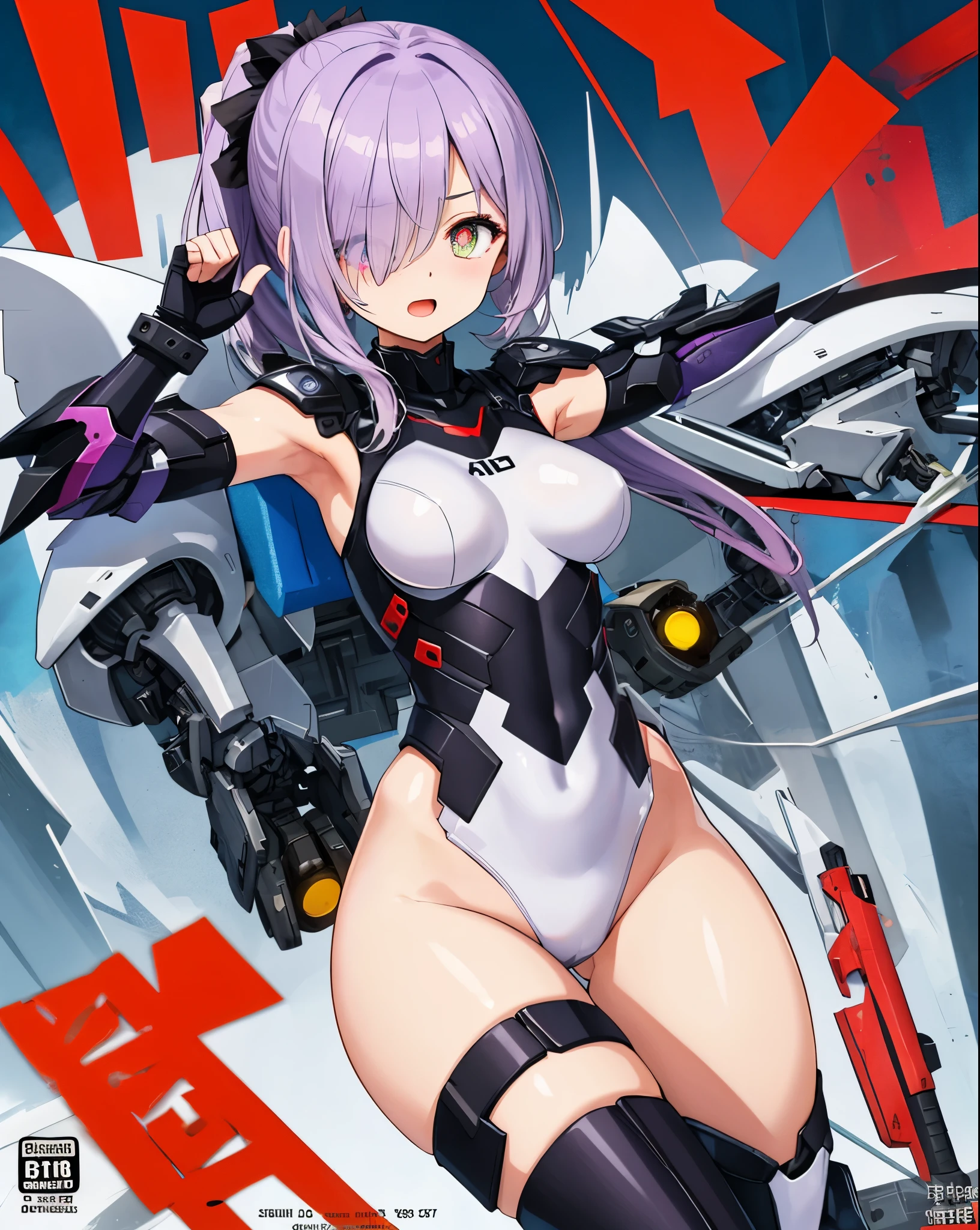 Japanese_anime_style,1figure_girl,(:1.5), (short_ponytail:1.3), (light_whitish_purple_hair:1.3),black_mechanical_armor_parts,white_breasts_parts_red_black_body_suit,bare_shoulder,bare_slender_thighs,medium_breasts,on_the_desk, desk_background,Stinging_eyes,(half_pupil:1.5),sleepy,thighhigh_greaves,gauntlets,dynamic_posing,bare_frank,metal_red_parts_armor,red_eye,
fists,hold_weapon,glare,navel,large_mechanical_parts,happy,waist_armor,open_mouth,rise_legs,apart_legs, (covered_navel:1.3),(very_long_bangs:1.3), (hair_over_one_eye:1.5),(long_bang_covers_right_half_of_face:1.5),
(covered_pussy:1.1),covered_breasts,armpits,