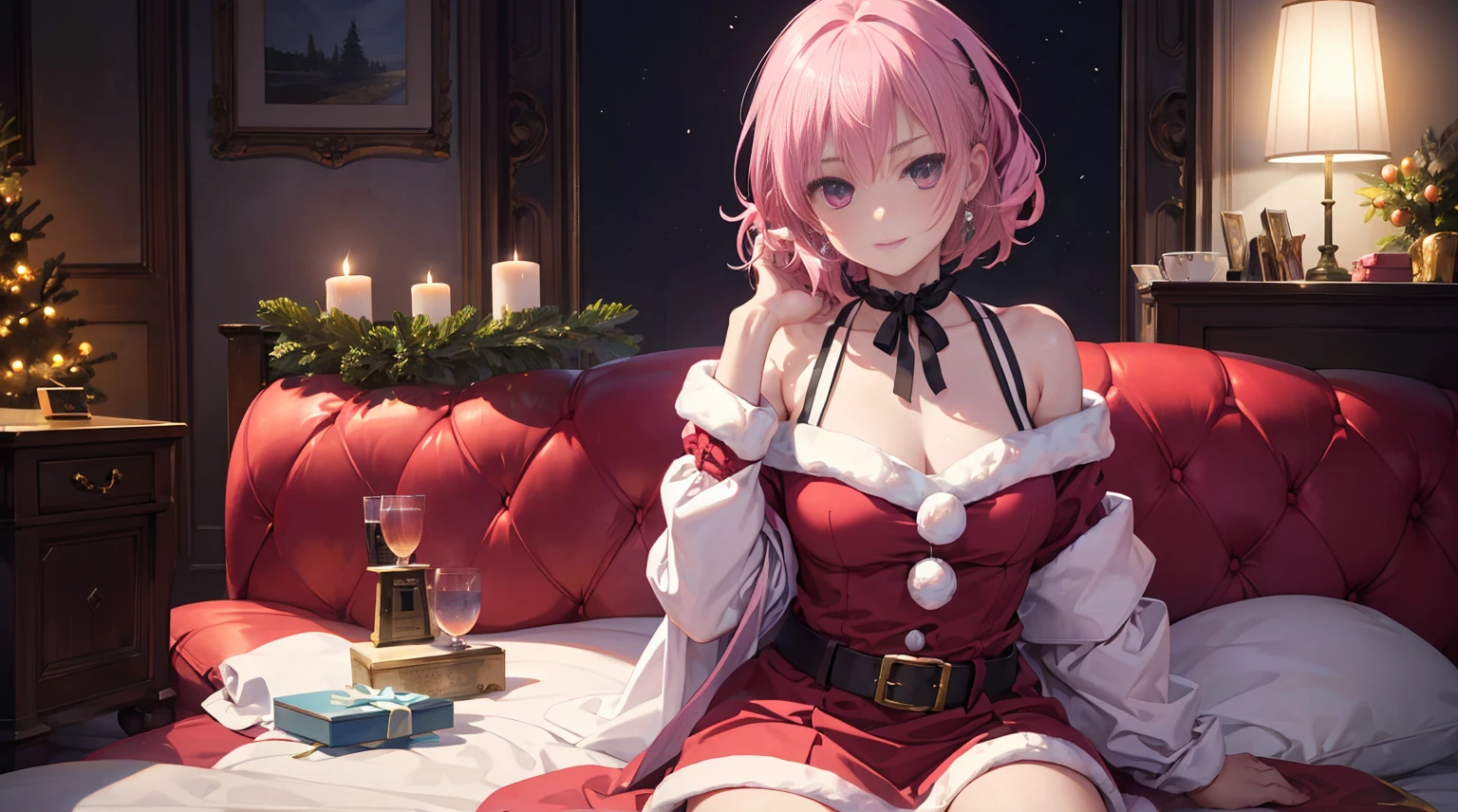 A pink-haired,Pink eyes,(Masterpiece, best quality, award winning, photorealistic, fashion photography :1.5), Photoshoot by DSLR camera with vivid color tone, sharp focus, 35mm. lens and f/2.8. close-up shot at night in living room decorated with Christmas items, dark, shadowy, night time, pretty model, (Cara Delevingne:0.9), delicate face, tall, perfect slim body, attractive slender body, beautiful eyes, no make-up, messy dark blonde short hairs. Wearing Santa dress for women, belt and earrings, ssmile.Mitsukasa Ayase