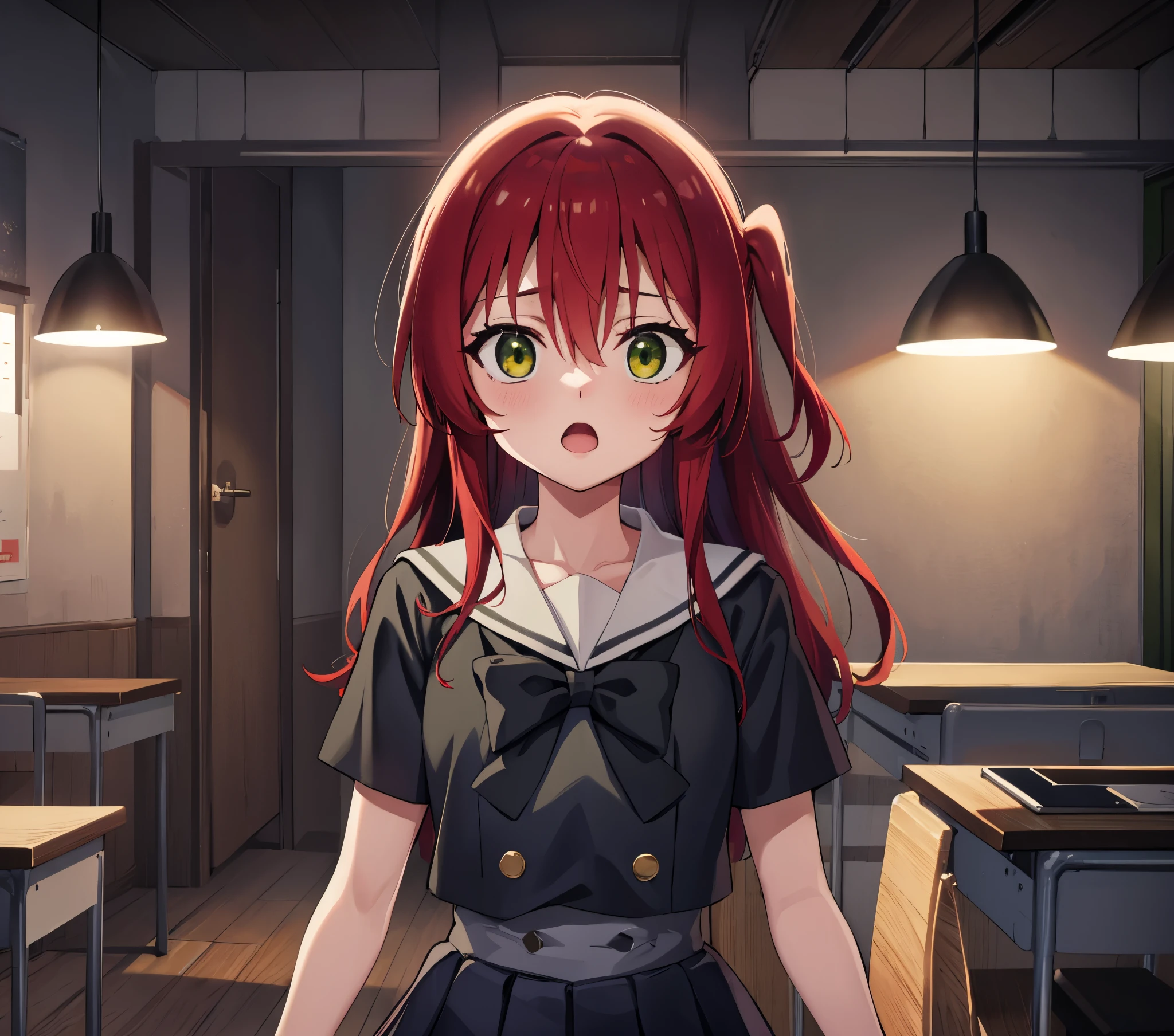 kitaikuyo, ikuyo kita, (green eyes:1.5), hair between eyes, long hair, one side up, red hair, (flat chest:1.2), BREAK black footwear, black skirt, grey sailor collar, pleated skirt, sailor collar, school uniform, shoes, short sleeves, shuka high school uniform, skirt,, BREAK looking at viewer, BREAK indoors, classroom, BREAK (masterpiece:1.2), best quality, high resolution, unity 8k wallpaper, (illustration:0.8), (beautiful detailed eyes:1.6), extremely detailed face, perfect lighting, extremely detailed CG, (perfect hands, perfect anatomy),up chest.Sad face.open mouth.big breasts.(((eyes highlight off))).