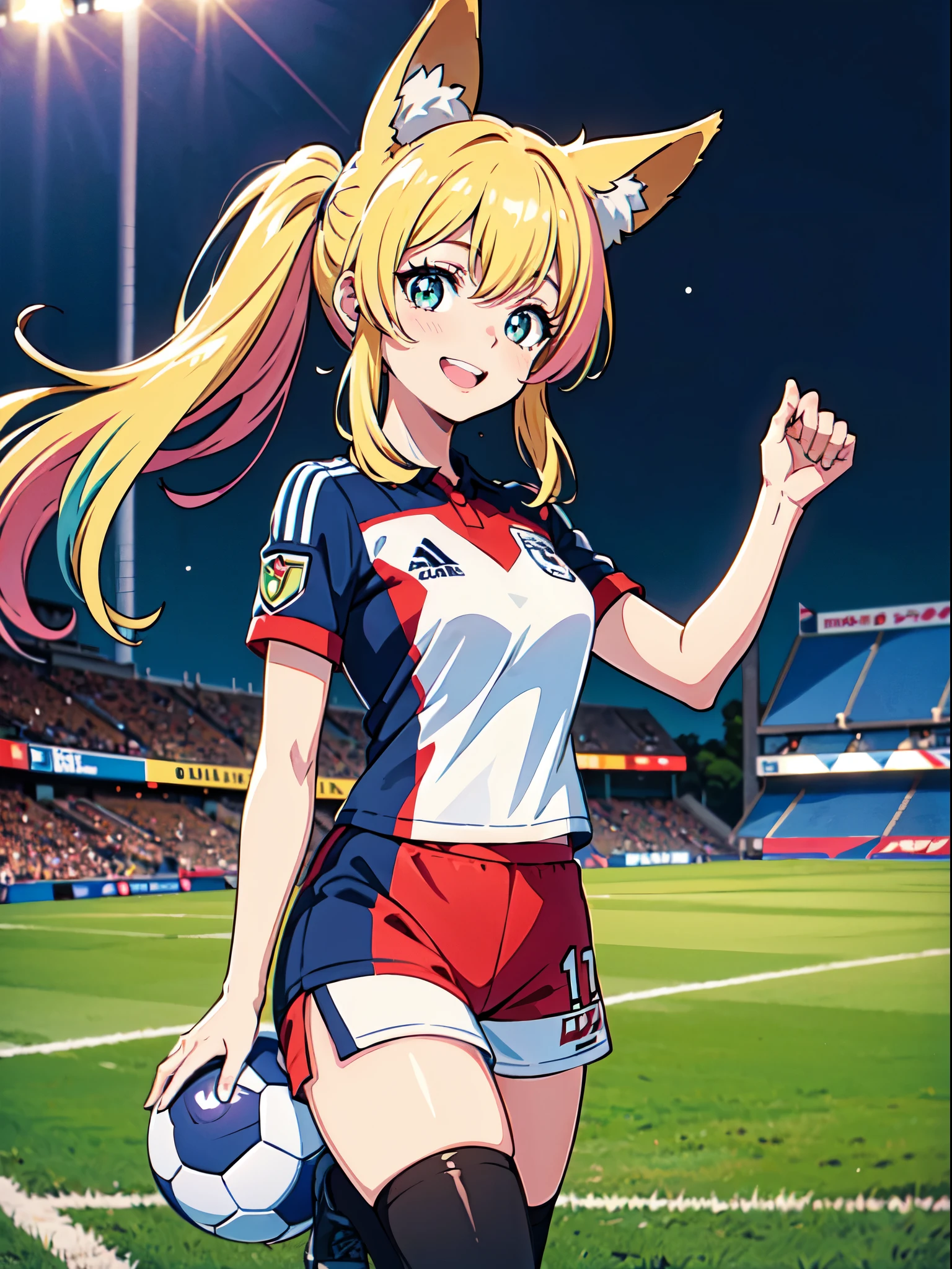 (obra-prima, melhor qualidade: 1.2), anime girl with fox ears, solo, foco feminino, sorriso, olhando para espectador, soccer uniform, campo de futebol, diamante, cabelo multicolorido, olhos multicoloridos