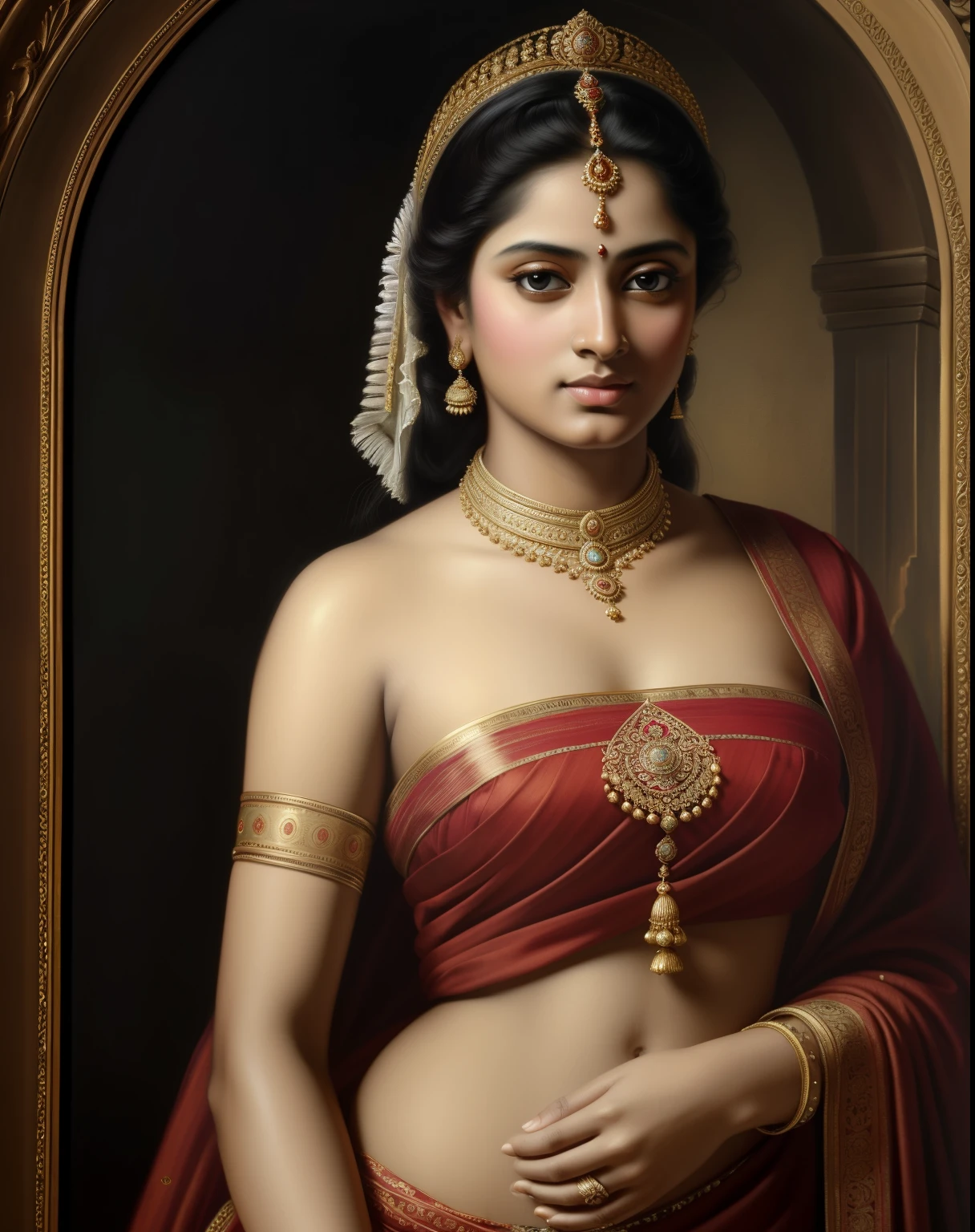 Beautiful Indian Woman, wearing saree, sari Beauty, gorgeous, Apsara, Maharani, royal queen woman, nymph from Hindu Mythology, pierced eyes, Urvashi, matchless beauty, Highly detailed, Oil Painting by Peter Paul Rubens inspired by Raja Ravi Varma, Matchless beauty, captivating, gorgeous, heavenly beauty, celestial beauty, by Peter Paul Rubens, 1893, realistic, hyper realistic, micro details, incredible artwork, insane details, ultra High resolution, 8k, 32k,  acrylic on canvas, intricate, flawless, detailed, detailed face, detailed eyes, masterpiece, by Peter Paul Rubens, by Caravaggio, by William Adolphe bouguereau, perfect face, perfect body, beautiful art, realism, baroque, renaissance Art, highly textured, beautiful and detailed eyes, uhd, best quality,