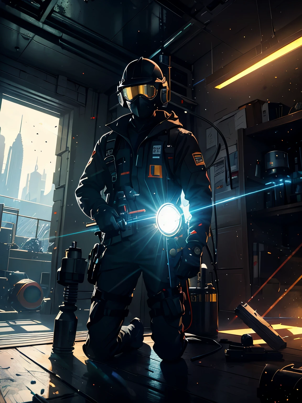 (colored line art:1.3), ((Best quality)), ((masterpiece)), (detailed:1.3), 3D ,HDR (High Dynamic Range), light particles, (lens flare particles:1.2)cinematic shot, dramatic lighting emphasizing shadows, texture-rich details, there is a man drilling into a vault, dutch angle shot, black construction attire, drill,