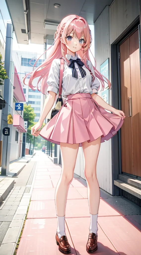 Mitsukasa Ayase, Thin leg, of the navel, short  skirt, pretty eyes, eBlue eyes, Happy, with pink hair, long whitr hair, High socks, terrazzo, full bodyesbian,
