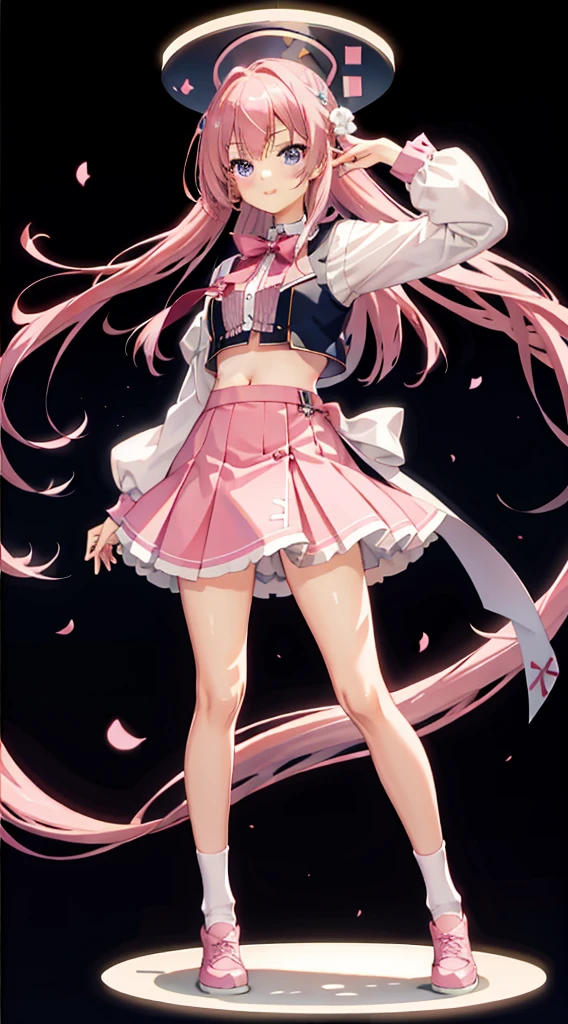 Mitsukasa Ayase, Thin leg, of the navel, short skirt, pretty eyes, eBlue eyes, Happy, with pink hair, long whitr hair, High socks, terrazzo, full bodyesbian,