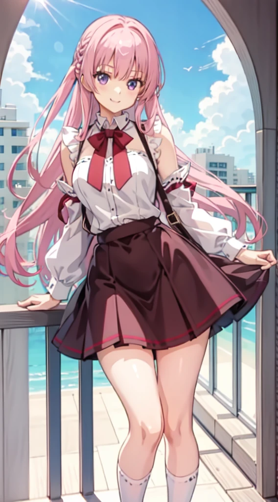 one-girl,ssmile.Mitsukasa Ayase, slim legs, exposed navel, short skirt, beautiful eyes, blue eyes, happy, pink hair, long hair, thigh high socks, balcony, full body,