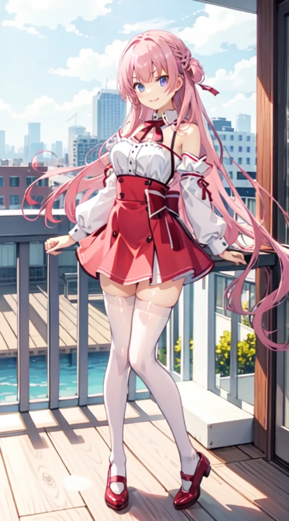 one-girl,ssmile.Mitsukasa Ayase, slim legs, exposed navel, short skirt, beautiful eyes, blue eyes, happy, pink hair, long hair, thigh high socks, balcony, full body,