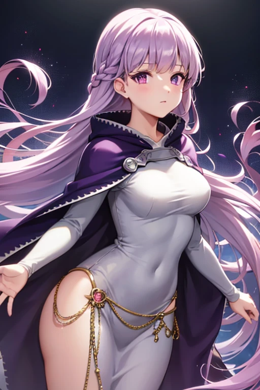 ((masutepiece)), ((Best Quality)), (Ultra-detailed), ((kawaii)), quavery), ((Extremely detailed)), 4K, (8K), Best Quality, (Beautiful), ()、, Dynamic Angle, heavy outline, clear outlines, sacred place, Cute little , Solo, black dreseautiful light Purple hair)), (Beautiful purple eyeeautiful eyes)), Long hair, Transparent hair, translucent hair,Sophia Fe, the woman has the most Beautiful Purple hair, the eyes are just amazing, and she wears a white cloak and gown, 1girl in, Long hair, Solo, Dress, Purple eyes, Purple hair, belly chain, very Long hair, breasts, Looking at Viewer,