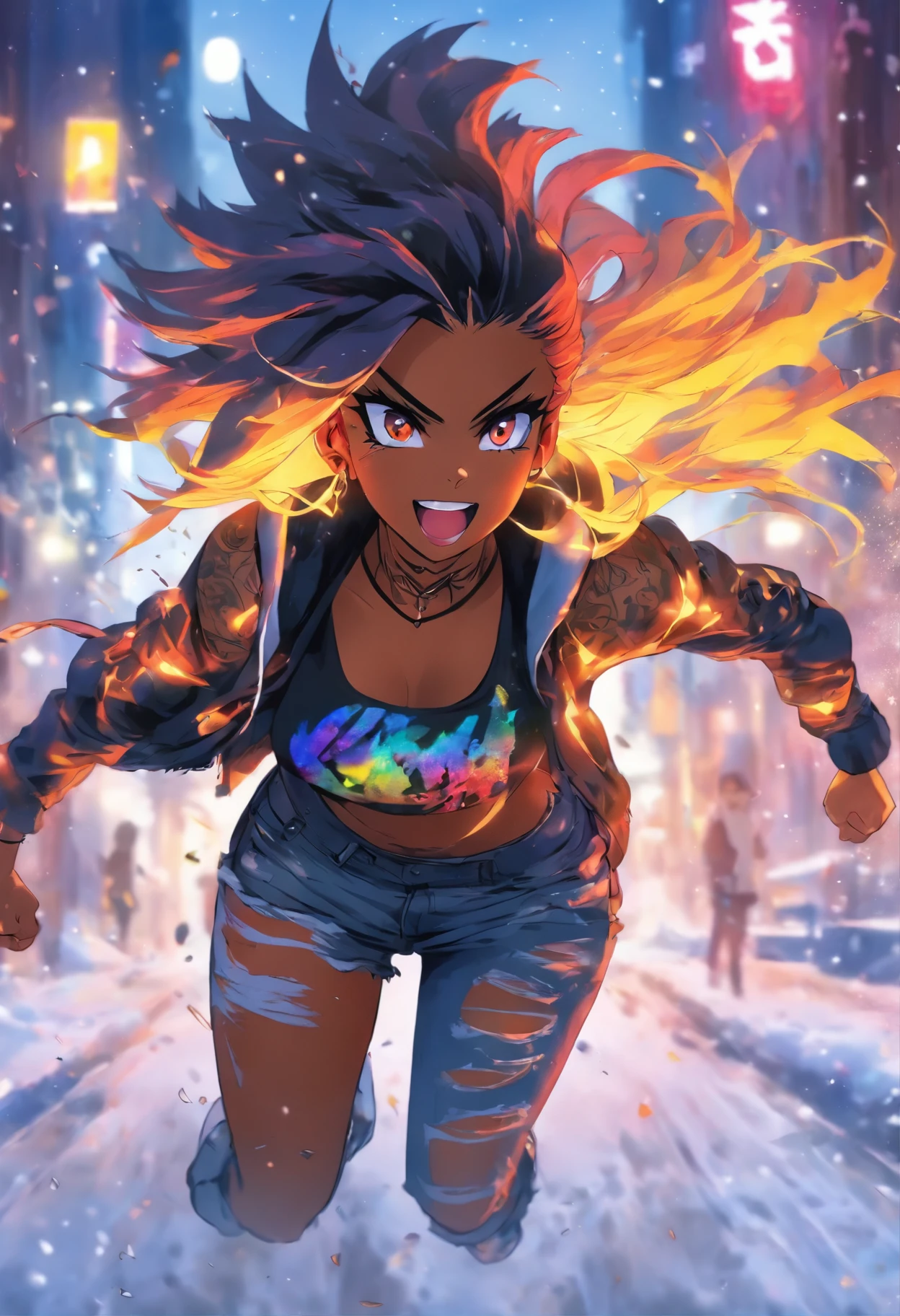 Running on the snowy night,The most beautiful big breasts and thighs, a slender waist, Sexy punk rock girl, Black explosive head, Cabello color arco Iris cropped top under jacket, yellow-eyed, Dark skin, wearing hoodie, Graphic jacket and ripped skinny jeans, Lots of tattoos and piercings, Impeccable, high qulity, A high resolution, Completed with watercolor technique, watercolor paiting, textured, textured watercolor