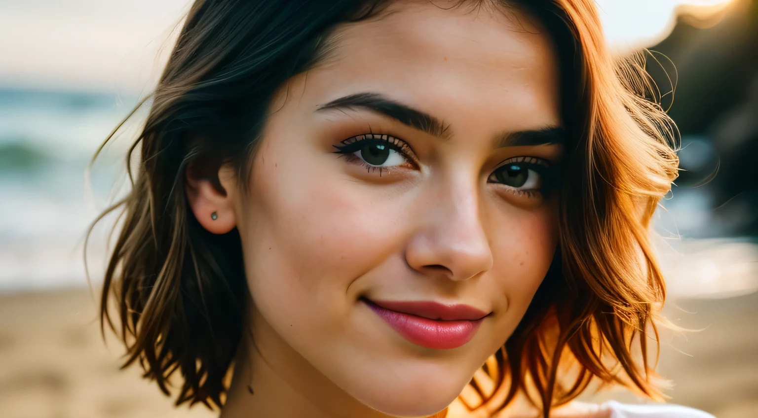 Smile, beautiful european model, Tropical Beach, Sunlight, Close-up shot of face only,  1 Girl with a beautiful face, Photographer 1.4), (Full body portrait: 1.4),Raw UHD Portrait Photography, background at room , Detailed (Texture!, hair!, shine, Color!!, defect: 1.1), highly Detailed glowing eyes, (looking in camera), Specular Light, Digital SLR, Extreme quality, sharp focus, sharp, degrees of freedom, Film grain, (Centered), FUJI XT3, Crystal clear, center of frame, Beautiful face, sharp focus, Bokeh, lowkey,  intricate eye details, short hair