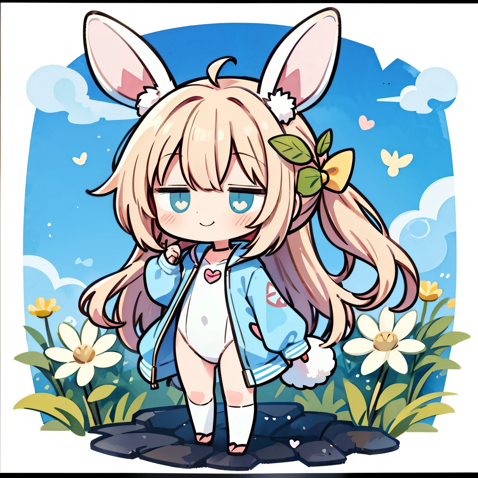 (Chibi:1.2), full bodyesbian、Kigurumi, Rabbit Girl、Rabbit costume、a smile、Rabbit ears、Rabbit tail、watercolor paiting, Standing, Sunlight, (work:1.2)、heart、teak、