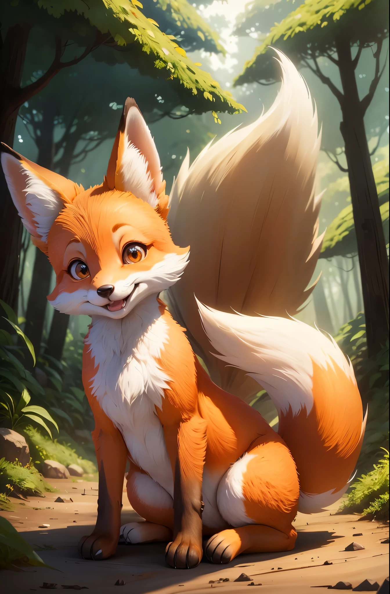 Cute fox in Pixar movie style, 电影灯光, Detailed inspection, largeeyes, Extremely cute, 8K, coming out of a forest cave, long tail, Smiling，Very happy, eyes with brightness, great day