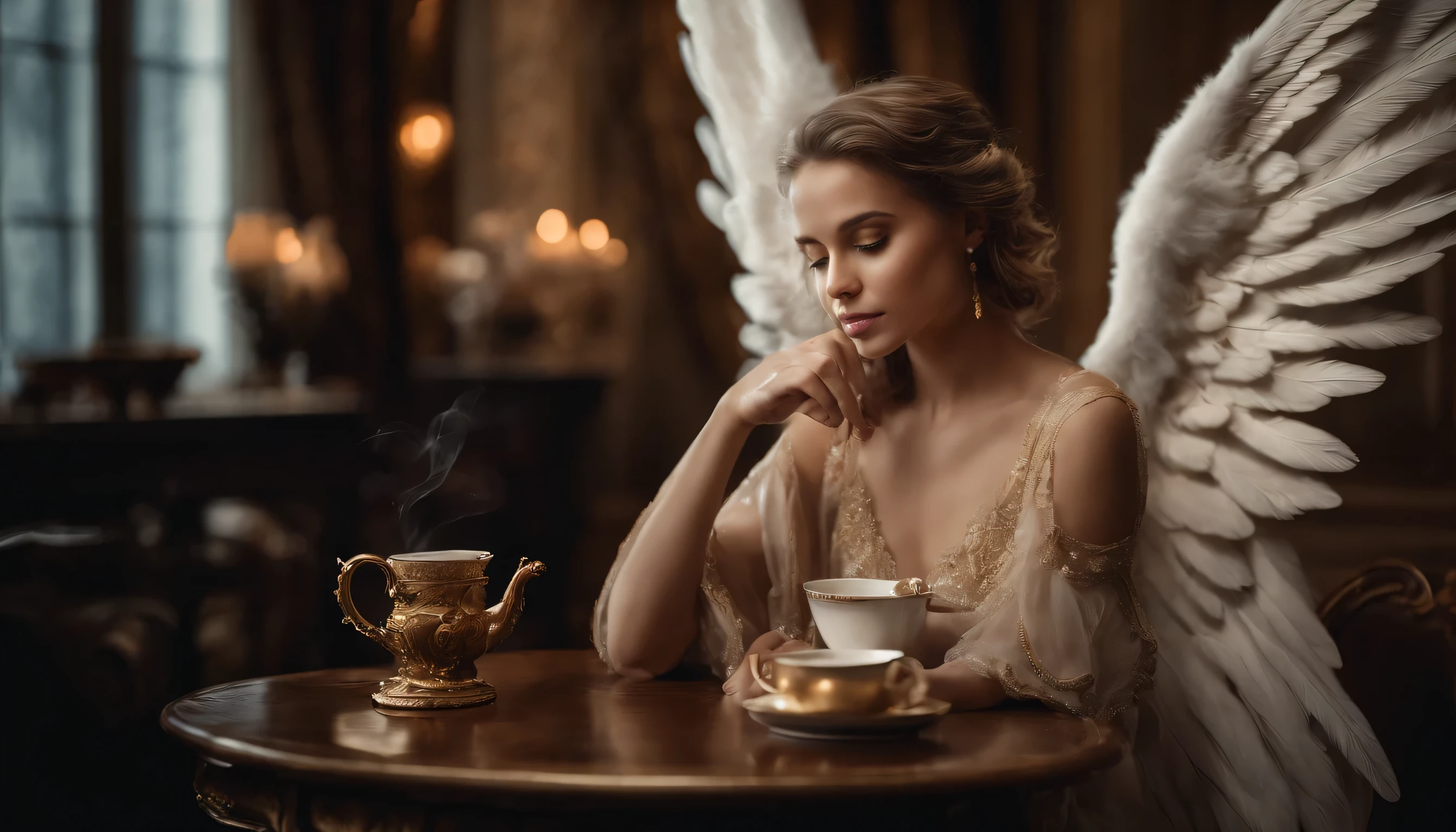 fotoRealista、Drawing of a girl with a cup of coffee and angel wings, linda menina anjo、fechar um olho、Rococo Room、Angel girl drinking coffee in luxury room