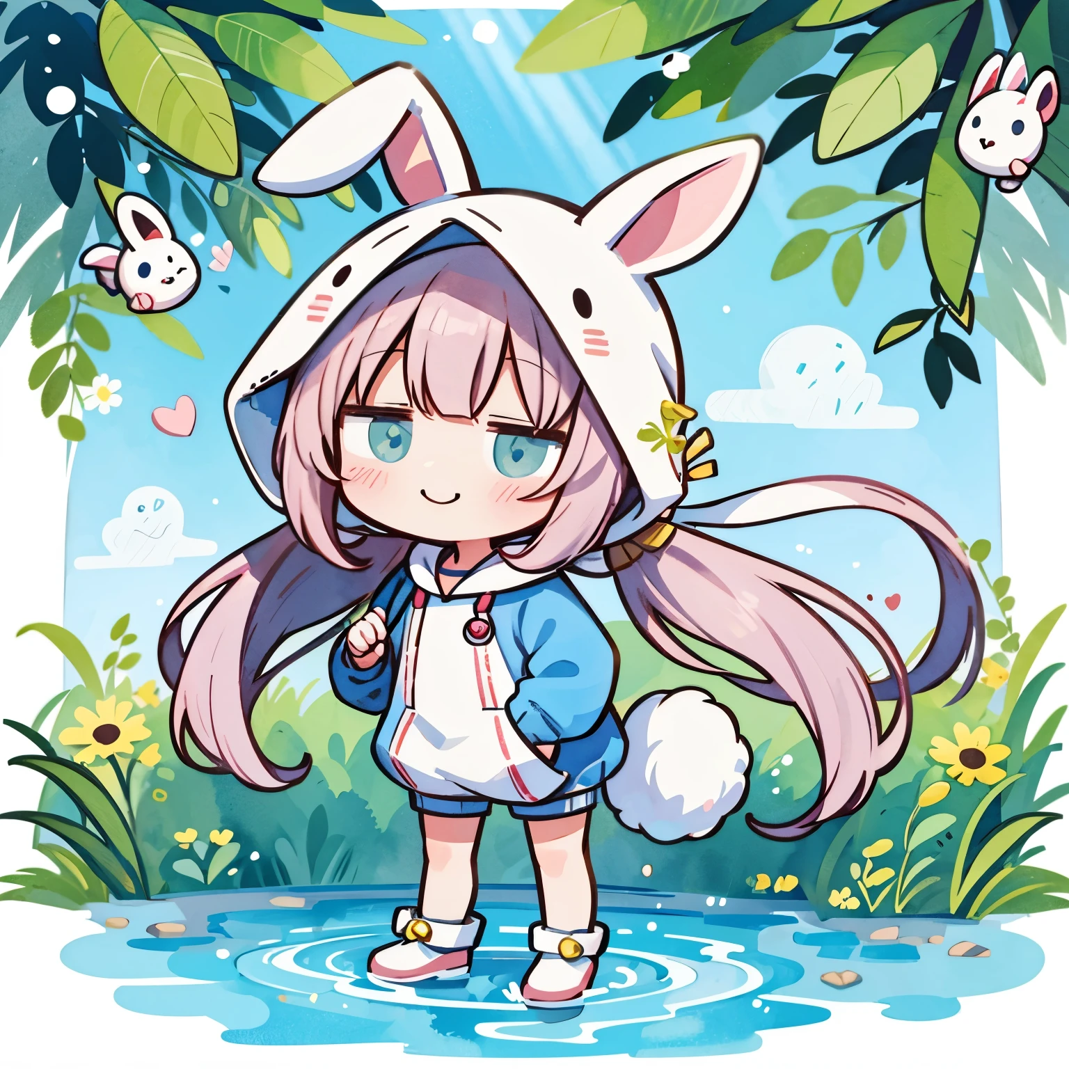 (Chibi:1.2), full bodyesbian、Kigurumi, Rabbit Girl、Rabbit costume、a smile、Rabbit ears、Rabbit tail、watercolor paiting, Standing, Sunlight, (work:1.2)、heart、teak、