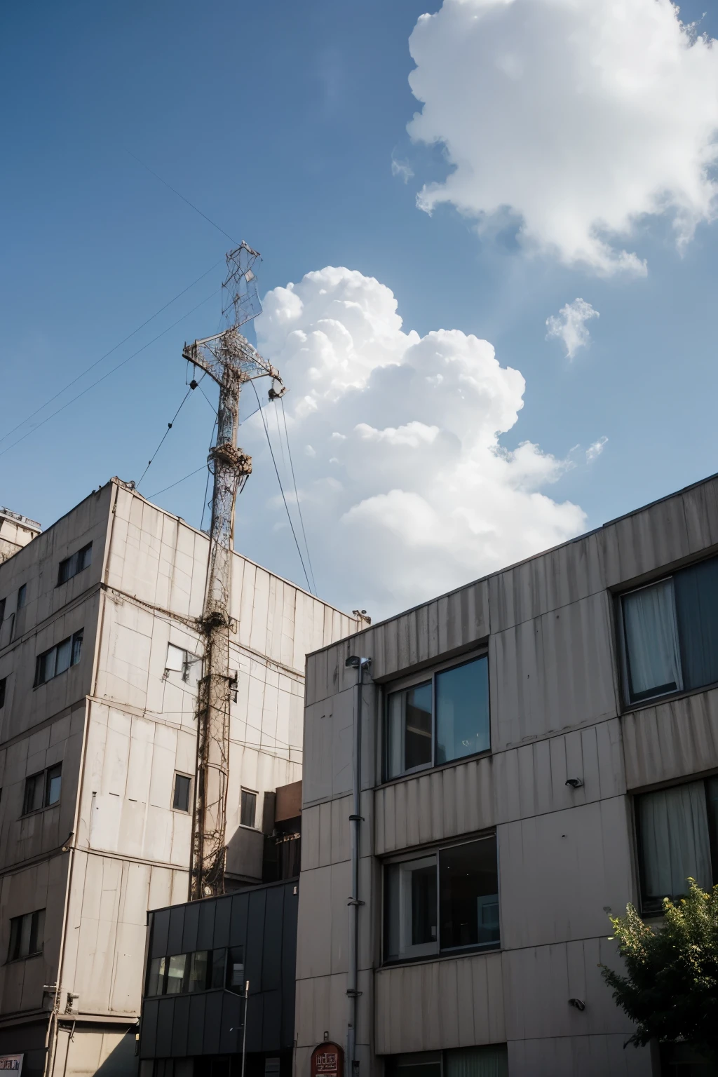 Industrial buildings, telephone poles, cloudy sky, skyscrapers, Eastern Europe, brutalist architecture