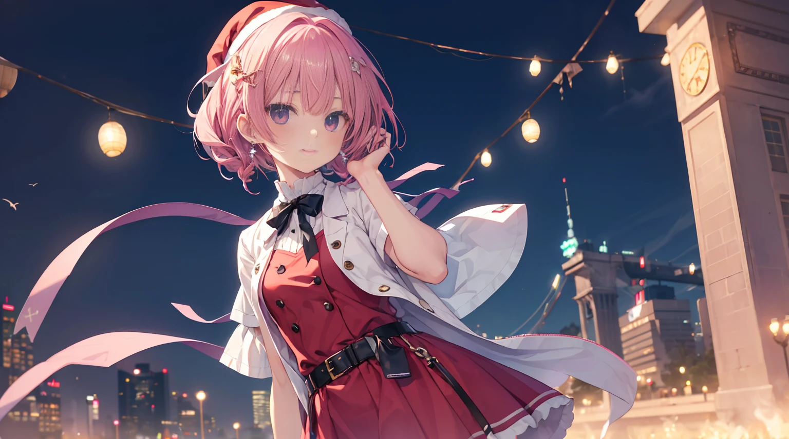 one-girl，soio，A pink-haired，Pink eyes，delicate face, tall, perfect slim body, attractive slender body, beautiful eyes, no make-up, messy dark blonde short hairs. Wearing Santa dress for women, belt and earrings, ssmile.Mitsukasa Ayase