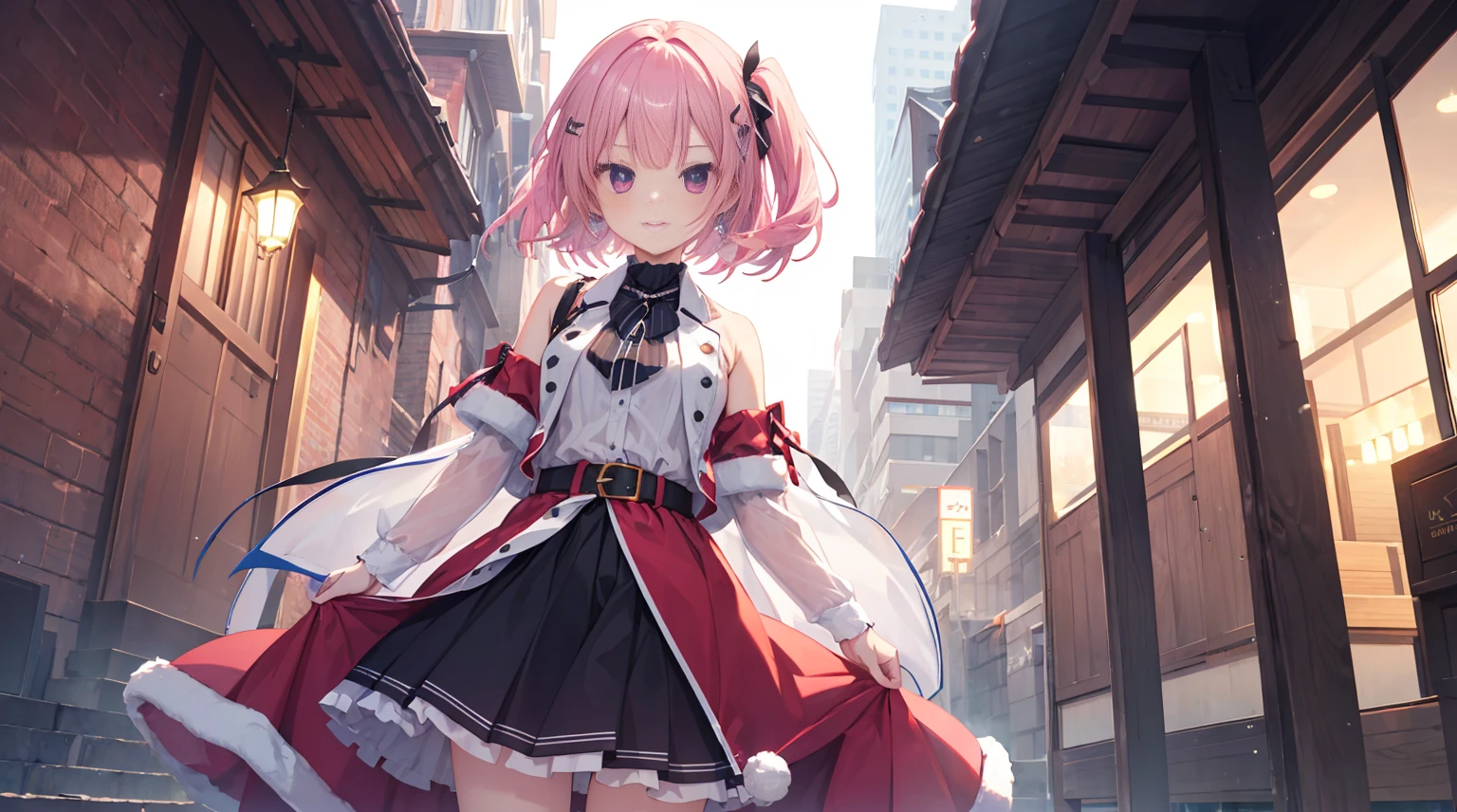 one-girl,soio,A pink-haired,Pink eyes,delicate face, tall, perfect slim body, attractive slender body, beautiful eyes, no make-up, messy dark blonde short hairs. Wearing Santa dress for women, belt and earrings, ssmile.Mitsukasa Ayase