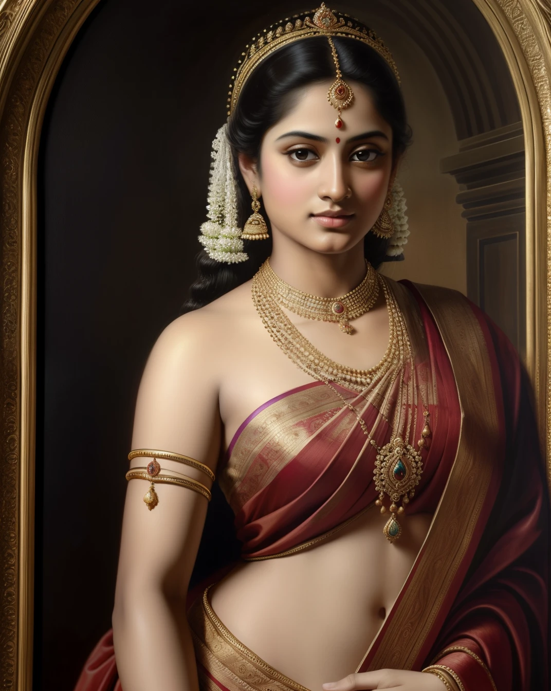 Beautiful Indian Woman, wearing saree, sari Beauty, gorgeous, Apsara, Maharani, royal queen woman, nymph from Hindu Mythology, pierced eyes, Urvashi, matchless beauty, Highly detailed, Oil Painting by Peter Paul Rubens inspired by Raja Ravi Varma, Matchless beauty, captivating, gorgeous, heavenly beauty, celestial beauty, by Peter Paul Rubens, 1893, realistic, hyper realistic, micro details, incredible artwork, insane details, ultra High resolution, 8k, 32k, acrylic on canvas, intricate, flawless, detailed, detailed face, detailed eyes, masterpiece, by Peter Paul Rubens, by Caravaggio, by William Adolphe bouguereau, perfect face, perfect body, beautiful art, realism, baroque, renaissance Art, highly textured, beautiful and detailed eyes, uhd, best quality,