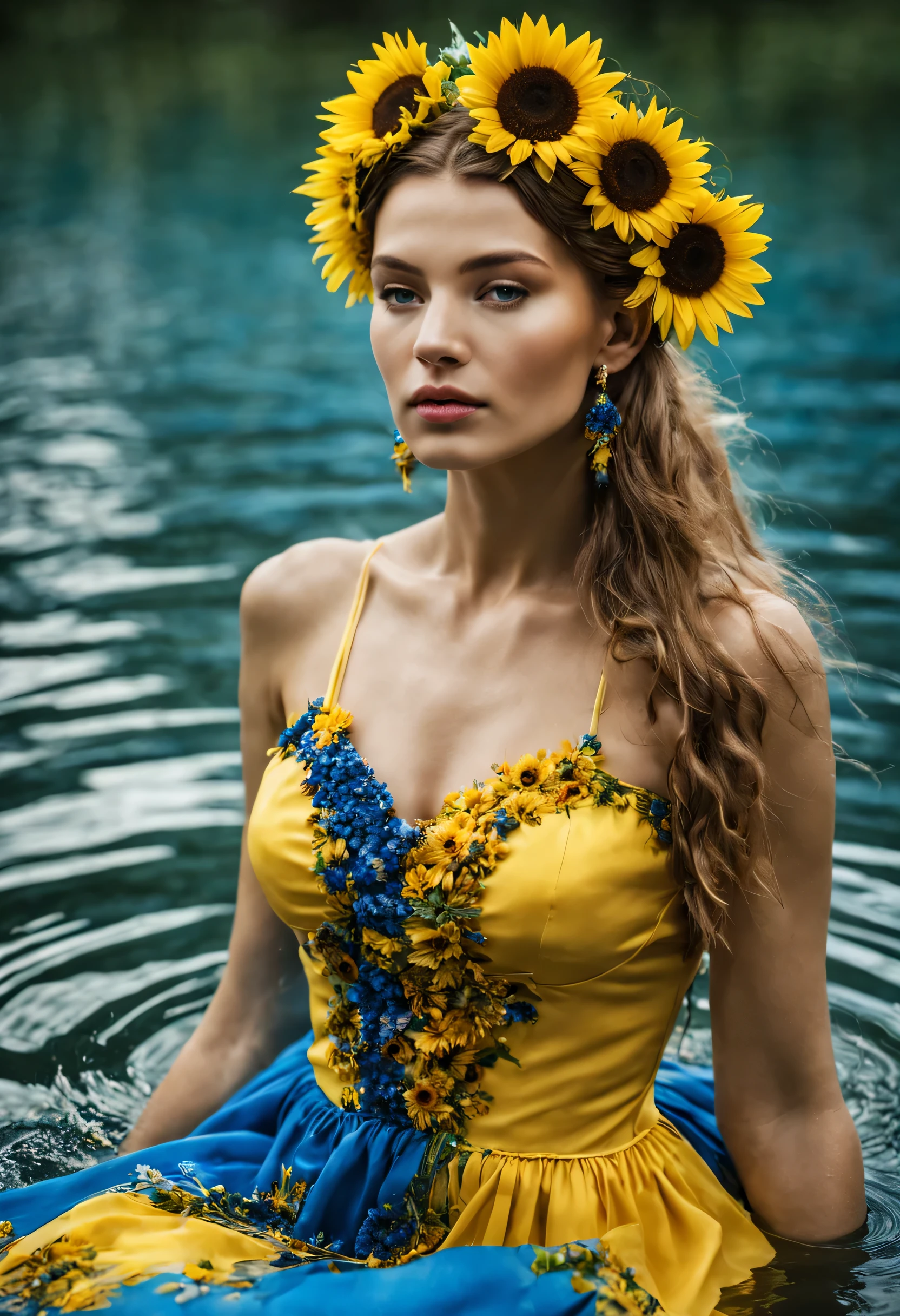 ((top-quality, 8K)), (Realistic), (Face Focus: 1.1), (Yellow,blue: 1.3), ukrainian woman in a dress that is in the water, closeup fantasy with water magic, fine art fashion photography, monia merlo, inspired by irakli nadar, inspired by Franz Xaver Winterhalter, with blooming flowers around her, inspired by Tatiana Hordiienko, jean-sebastien rossbach, karol bak uhd, vynok. ukrainan flower headband, sunflowers, vyshyvanka dress, pom-poms, ukrainian flag, flag, ukrainian,  (seductive), (erotic), (huge breastig chest，well-rounded figure, no bra, (open chest) , topless,(open chest)